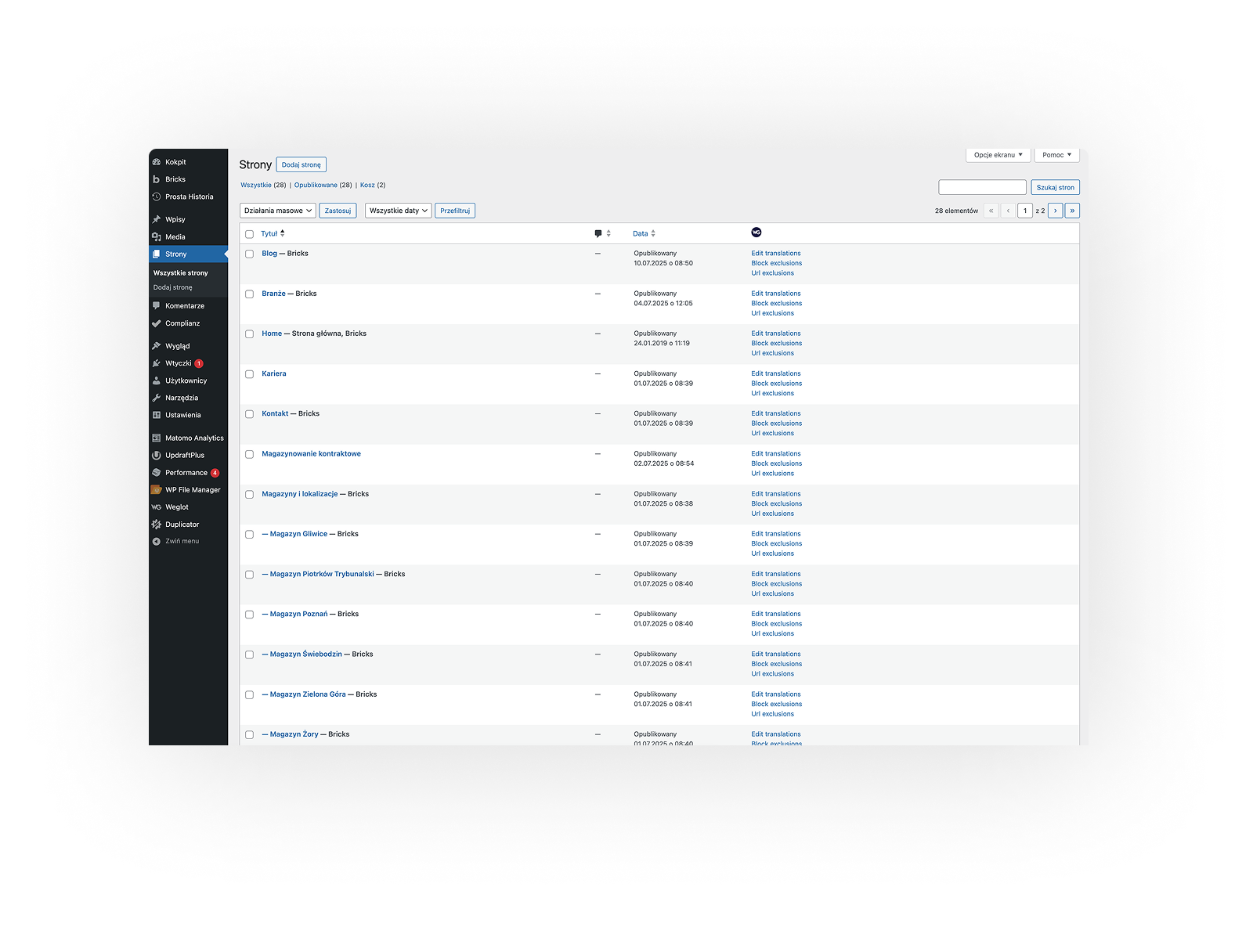 Lista podstron serwisu xCargo Logistics w panelu WordPress
