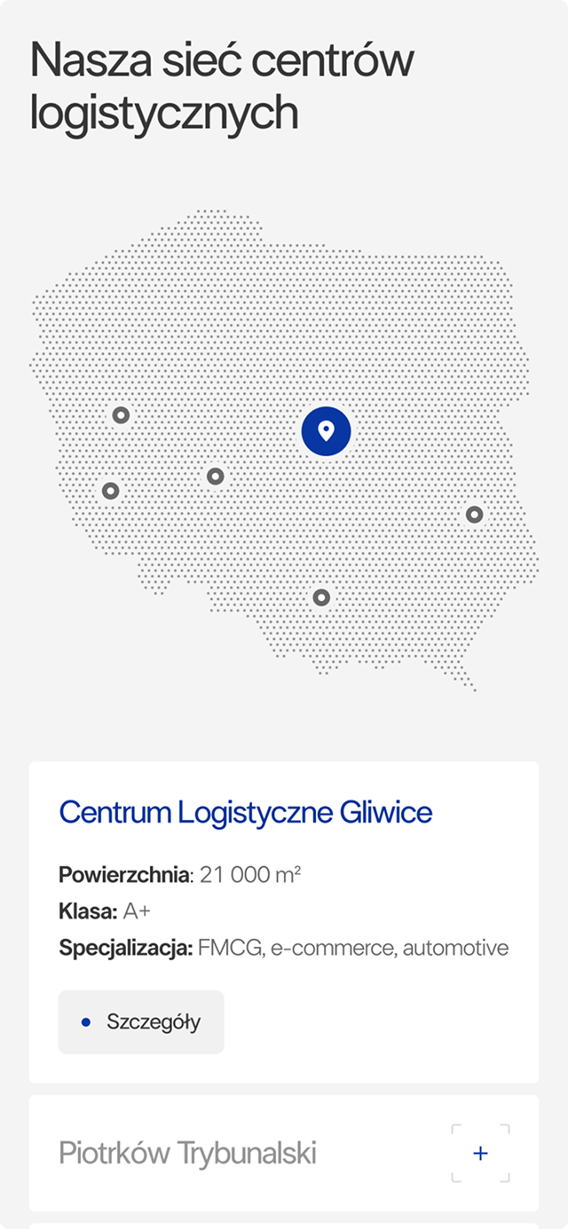 Mobilny widok mapy centrów logistycznych xCargo Logistics