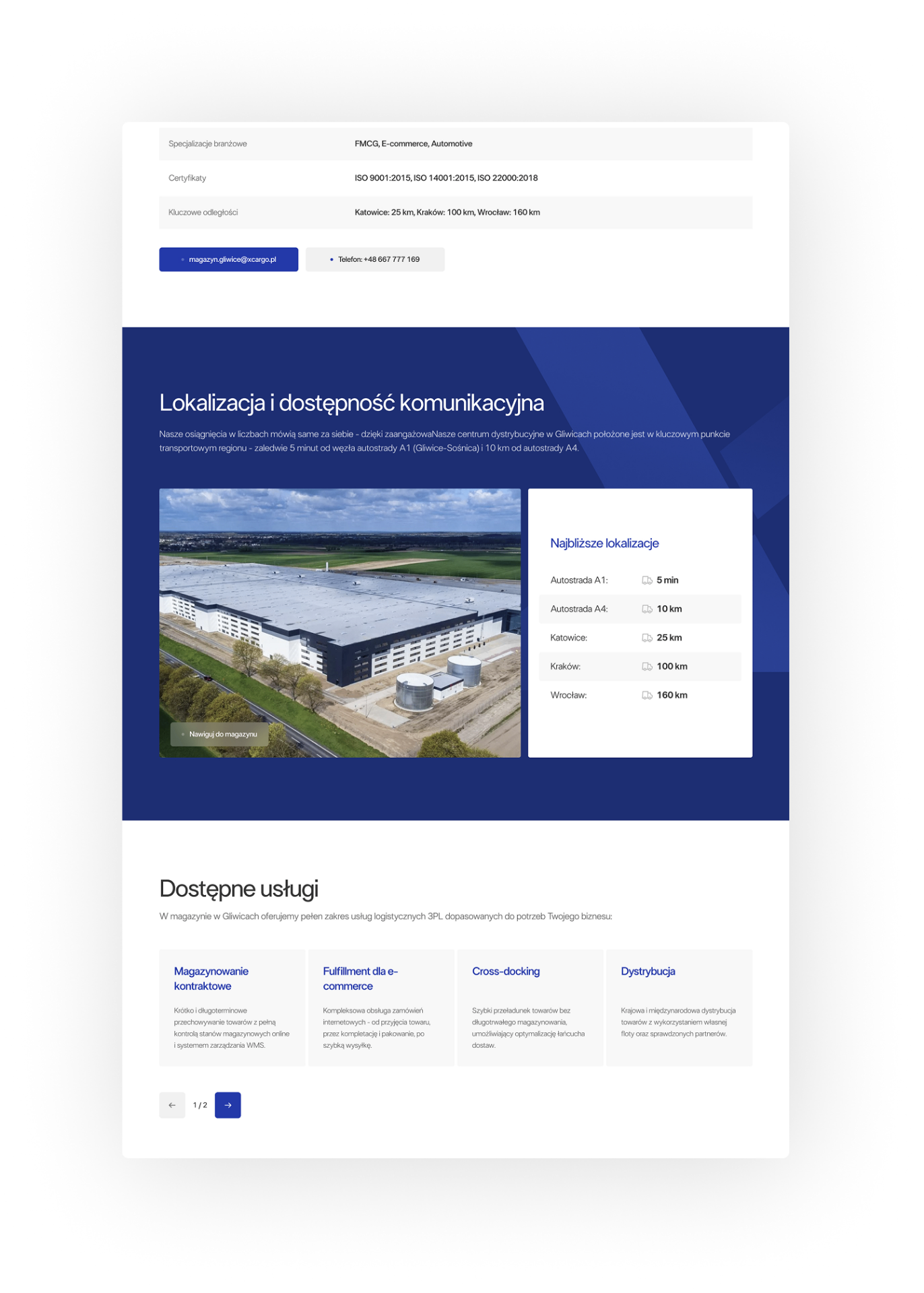 Sekcja lokalizacji i dostępności komunikacyjnej na stronie xCargo Logistics