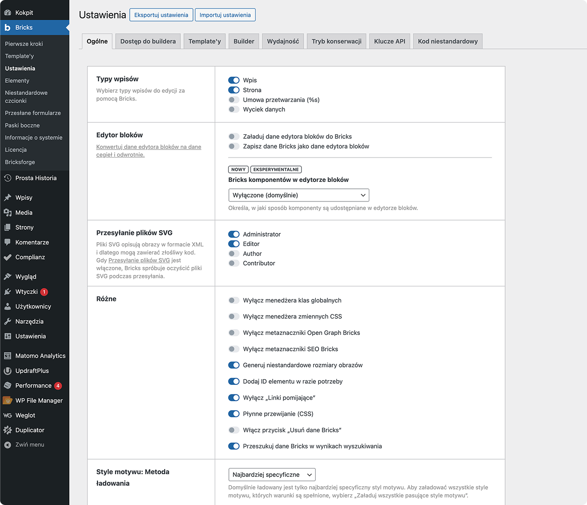 Ustawienia WordPress i buildera dla projektu xCargo Logistics