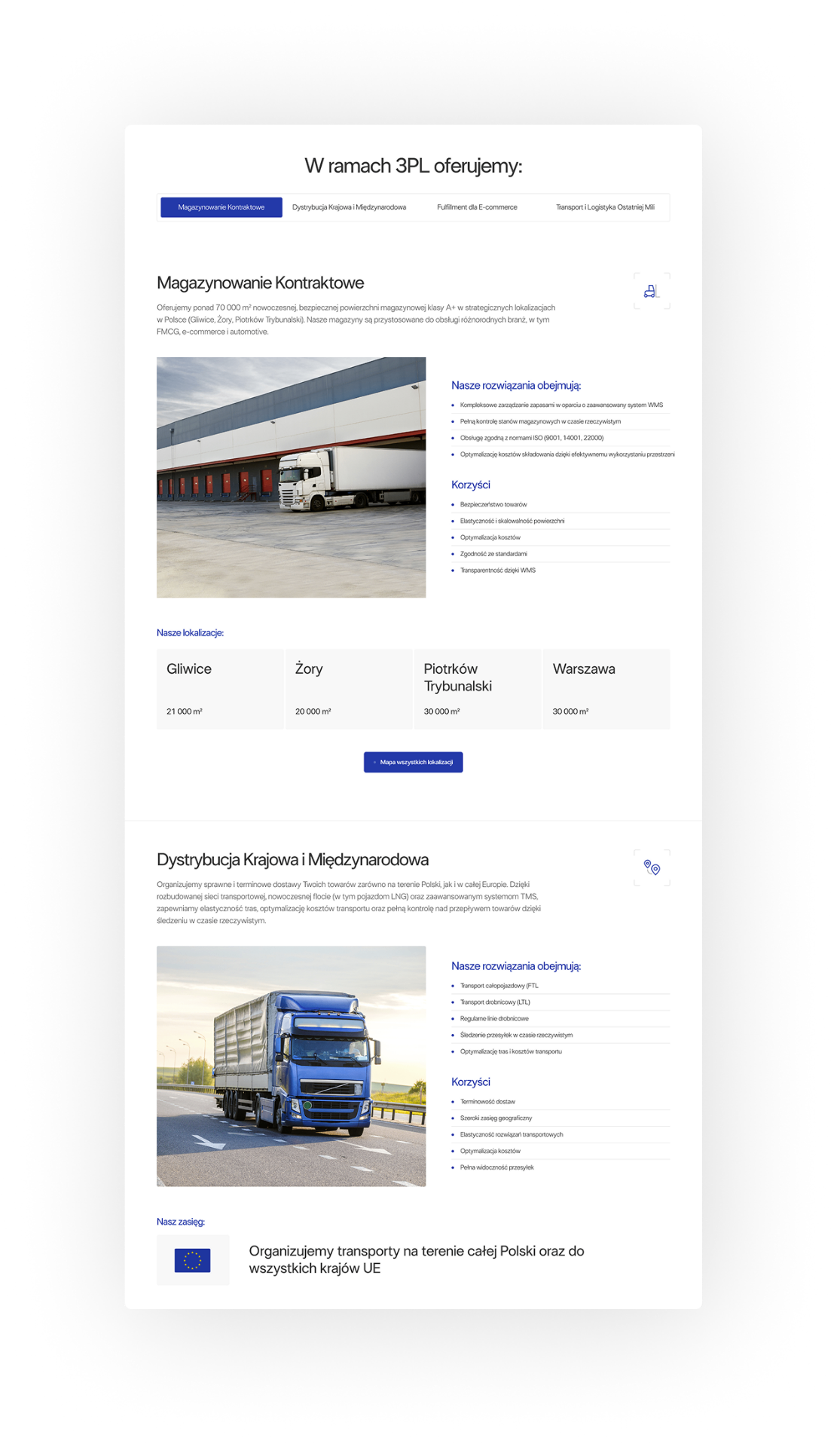 Sekcja usług 3PL na stronie xCargo Logistics z tabami i kartami korzyści