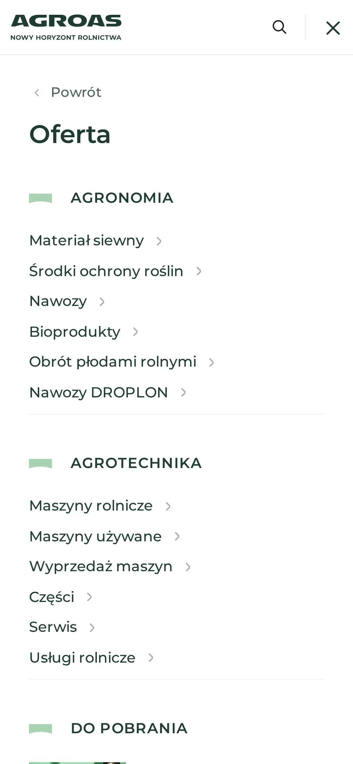 Menu AGROAS na telefonie, poziom „Oferta”: przycisk „Powrót”, grupy „Agronomia” i „Agrotechnika” z listą działów oraz początek sekcji „Do pobrania”
