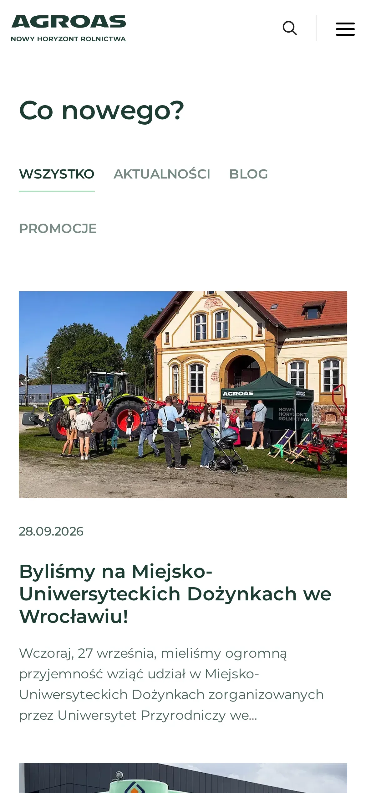 Sekcja „Co nowego?” na telefonie: przełącznik Wszystko, Aktualności, Blog, Promocje i wpis o udziale AGROAS w dożynkach we Wrocławiu