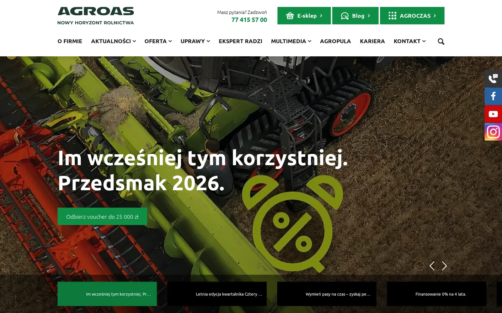 Poprzednia strona główna AGROAS na komputerze: zielone przyciski E-sklep, Blog i AGROCZAS, menu z pozycjami „Uprawy”, „Ekspert radzi” i „Multimedia” oraz slajd „Im wcześniej tym korzystniej. Przedsmak 2026.”