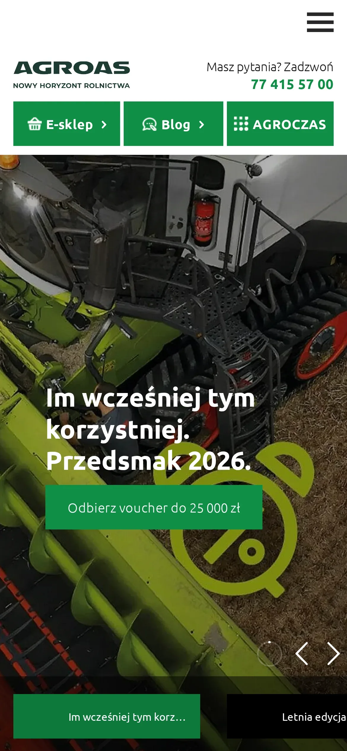 Poprzednia strona główna AGROAS na telefonie: przycisk menu nad logo, numer telefonu, trzy zielone przyciski i slajd „Przedsmak 2026” z przyciskiem „Odbierz voucher do 25 000 zł”