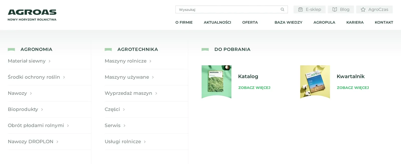 Rozwinięte menu „Oferta” na komputerze: kolumny „Agronomia” (materiał siewny, środki ochrony roślin, nawozy, bioprodukty, obrót płodami rolnymi, nawozy DROPLON), „Agrotechnika” (maszyny, części, serwis, usługi) i „Do pobrania” z katalogiem i kwartalnikiem