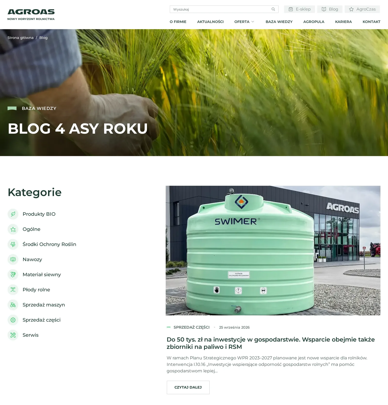Blog „4 Asy Roku”: lista kategorii od produktów BIO po serwis i pierwszy wpis o dofinansowaniu zbiorników na paliwo i RSM