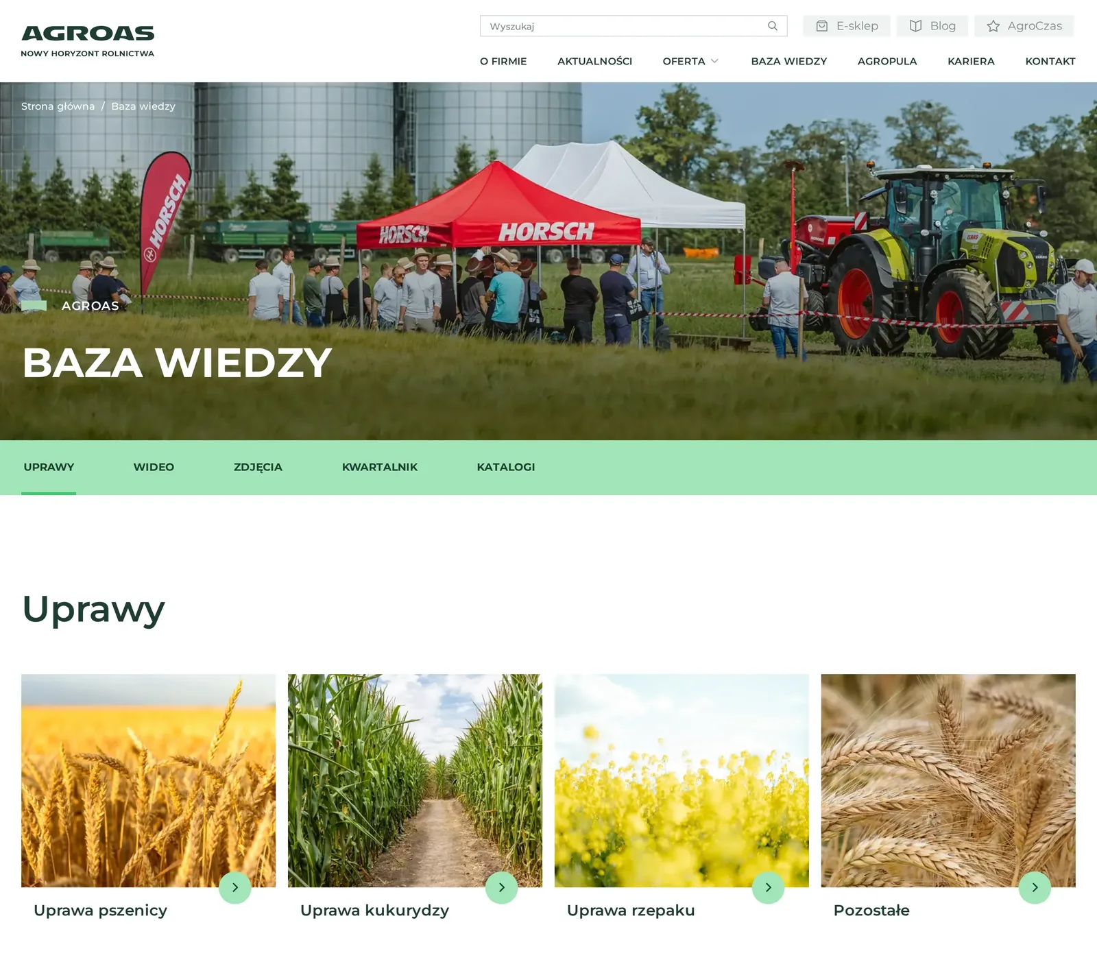 Baza wiedzy AGROAS: zakładki Uprawy, Wideo, Zdjęcia, Kwartalnik i Katalogi oraz kafle uprawy pszenicy, kukurydzy, rzepaku i pozostałych