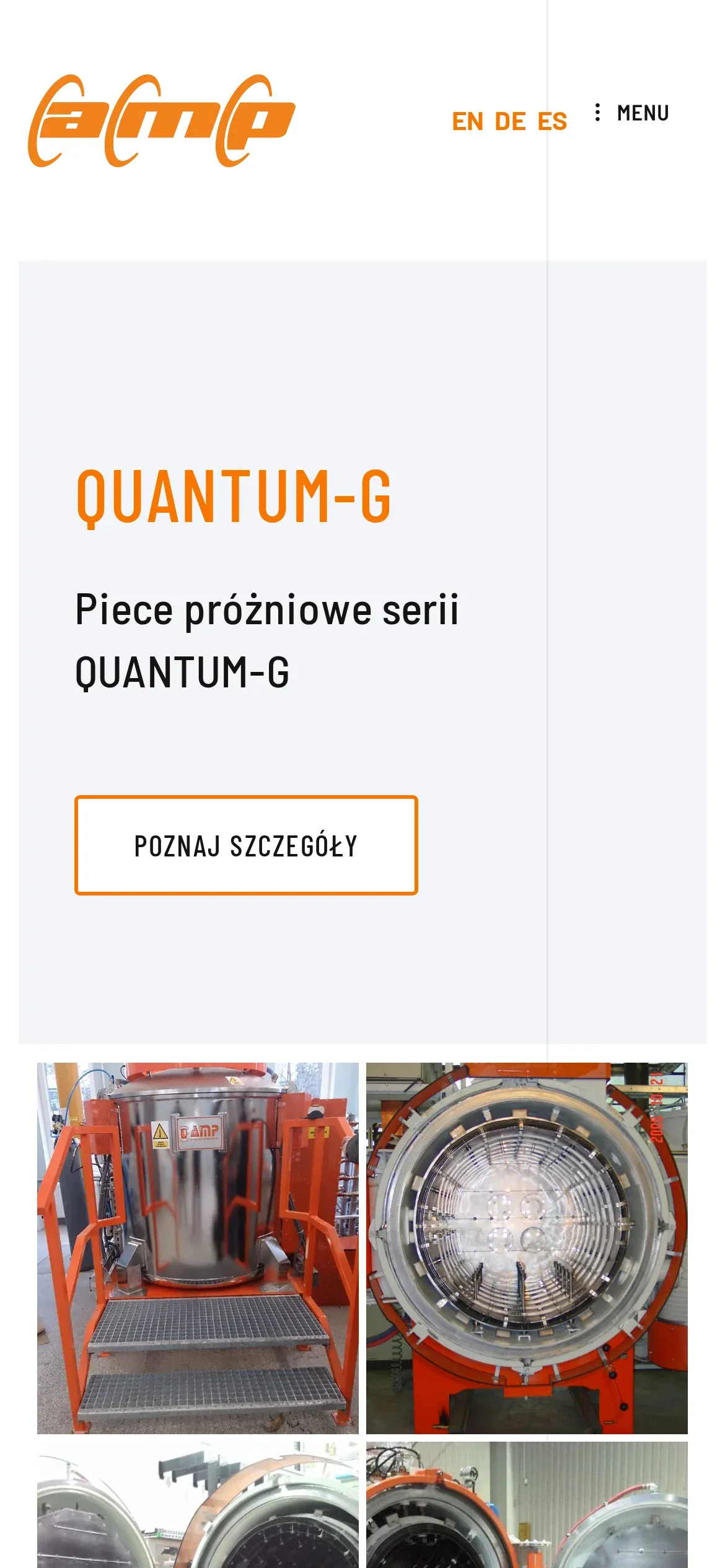 Strona serii QUANTUM-G na telefonie: nagłówek, przycisk „Poznaj szczegóły” i galeria zdjęć pieców w dwóch kolumnach