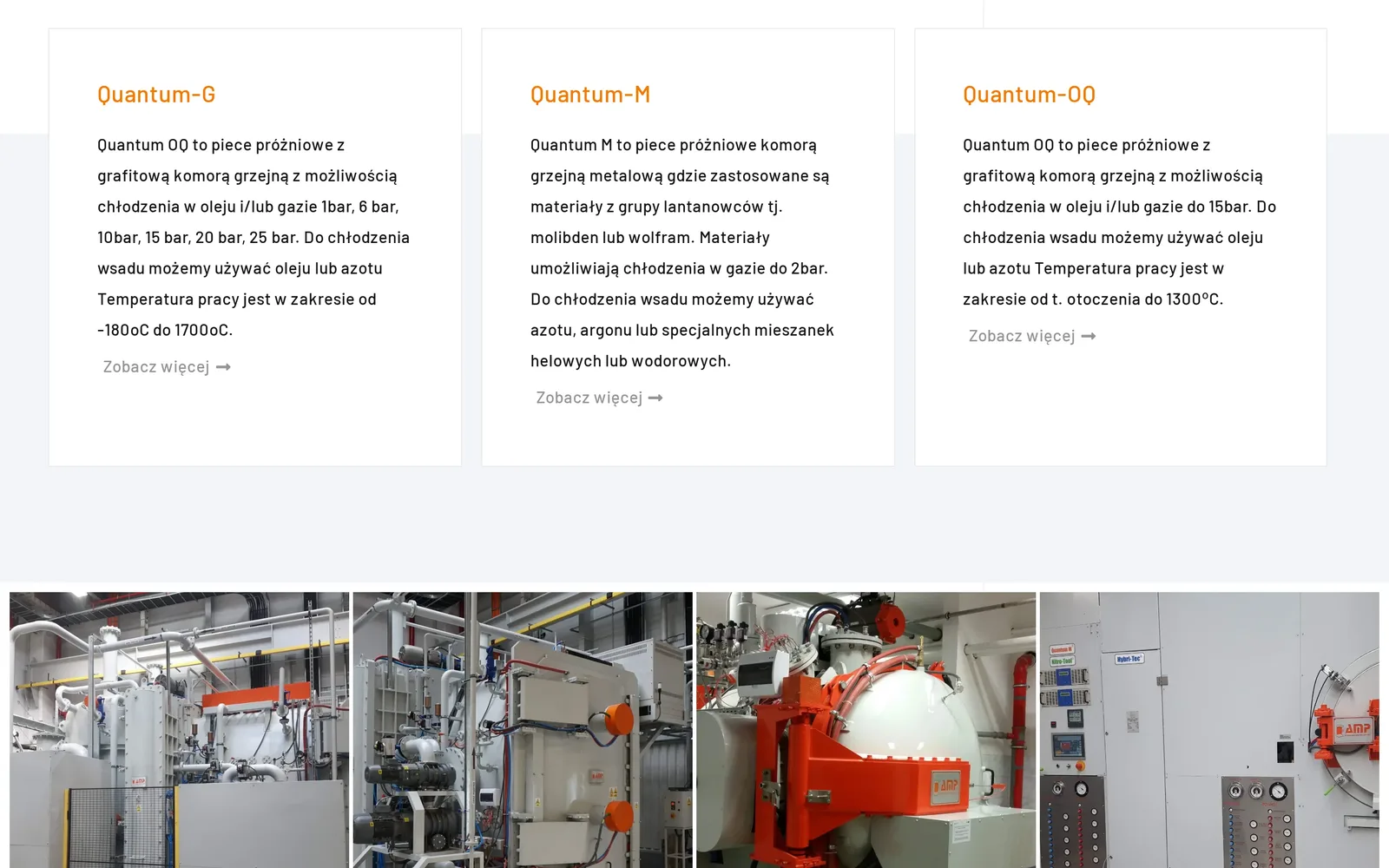 Strona pieców próżniowych: karty serii Quantum-G, Quantum-M i Quantum-OQ z krótkim opisem i odnośnikiem „Zobacz więcej”, poniżej galeria zdjęć pieców w halach