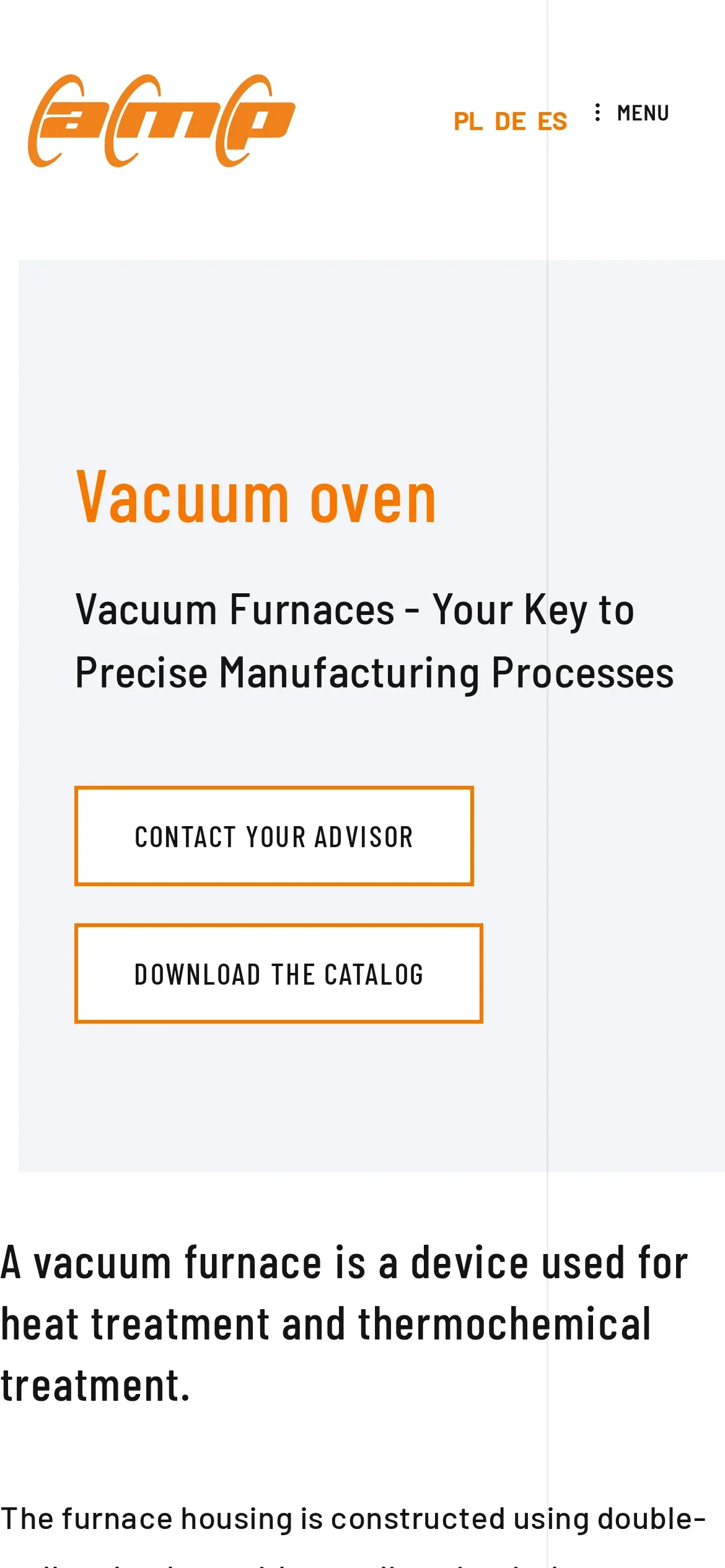 Strona pieców próżniowych po angielsku na telefonie: nagłówek „Vacuum oven” i przyciski „Contact your advisor” oraz „Download the catalog”