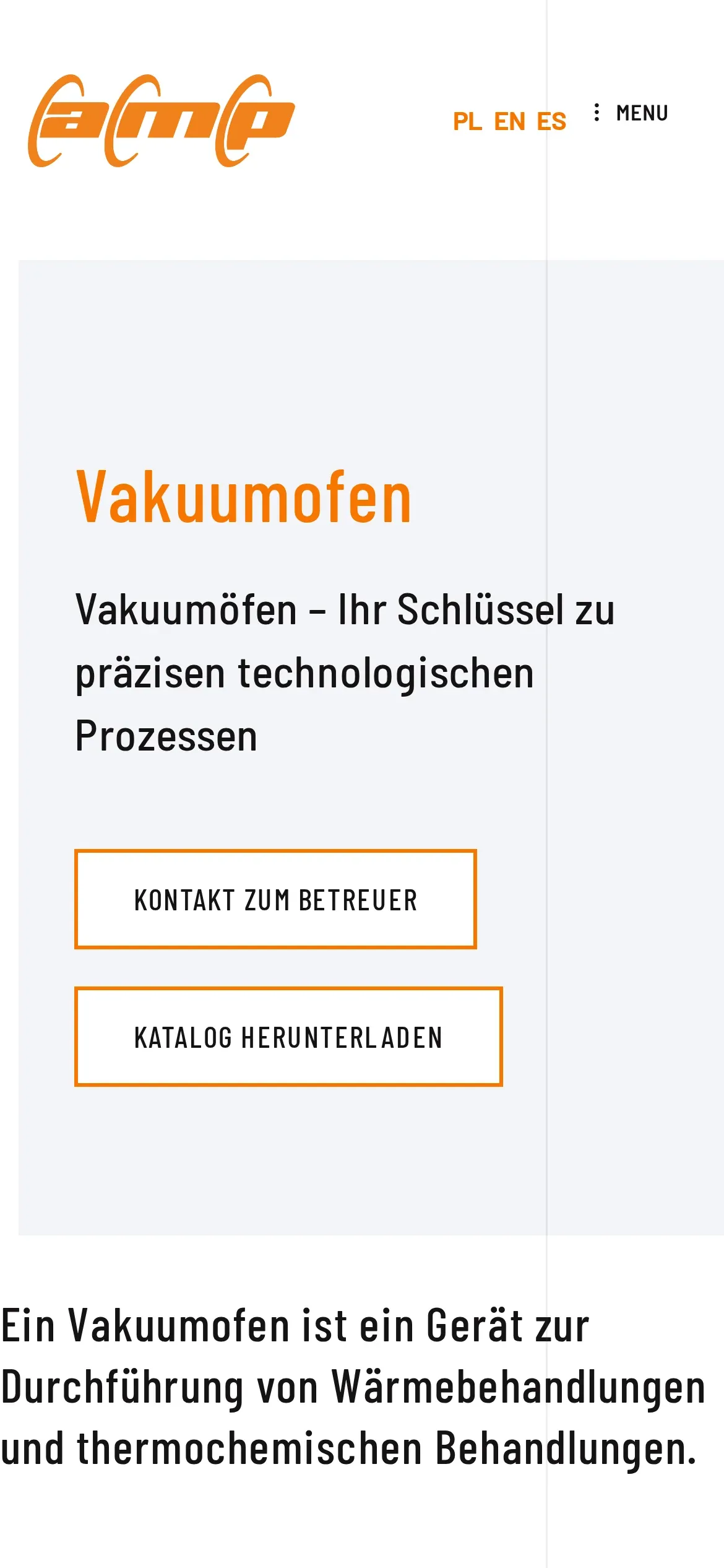 Ta sama strona po niemiecku: nagłówek „Vakuumofen” i przyciski „Kontakt zum Betreuer” oraz „Katalog herunterladen”