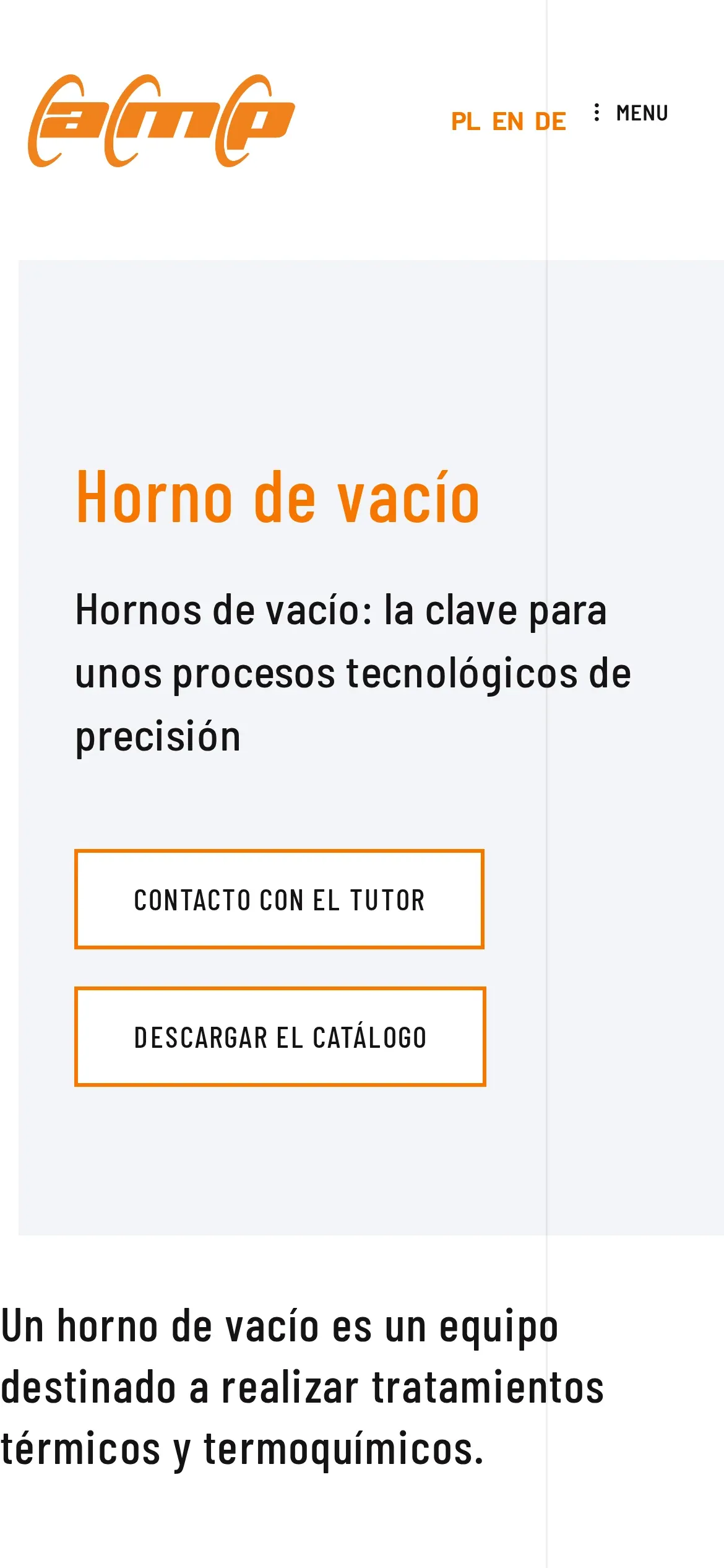 Ta sama strona po hiszpańsku: nagłówek „Horno de vacío” i przyciski „Contacto con el tutor” oraz „Descargar el catálogo”