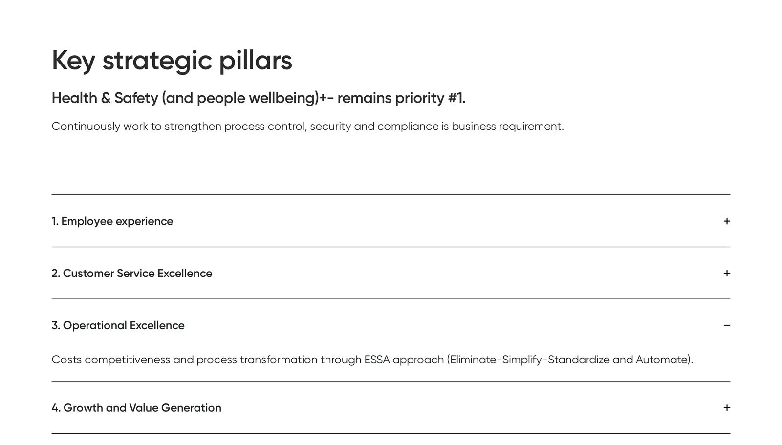 „Key strategic pillars”: priorytet bezpieczeństwa i cztery filary strategii w akordeonie, trzeci rozwinięty z opisem podejścia ESSA