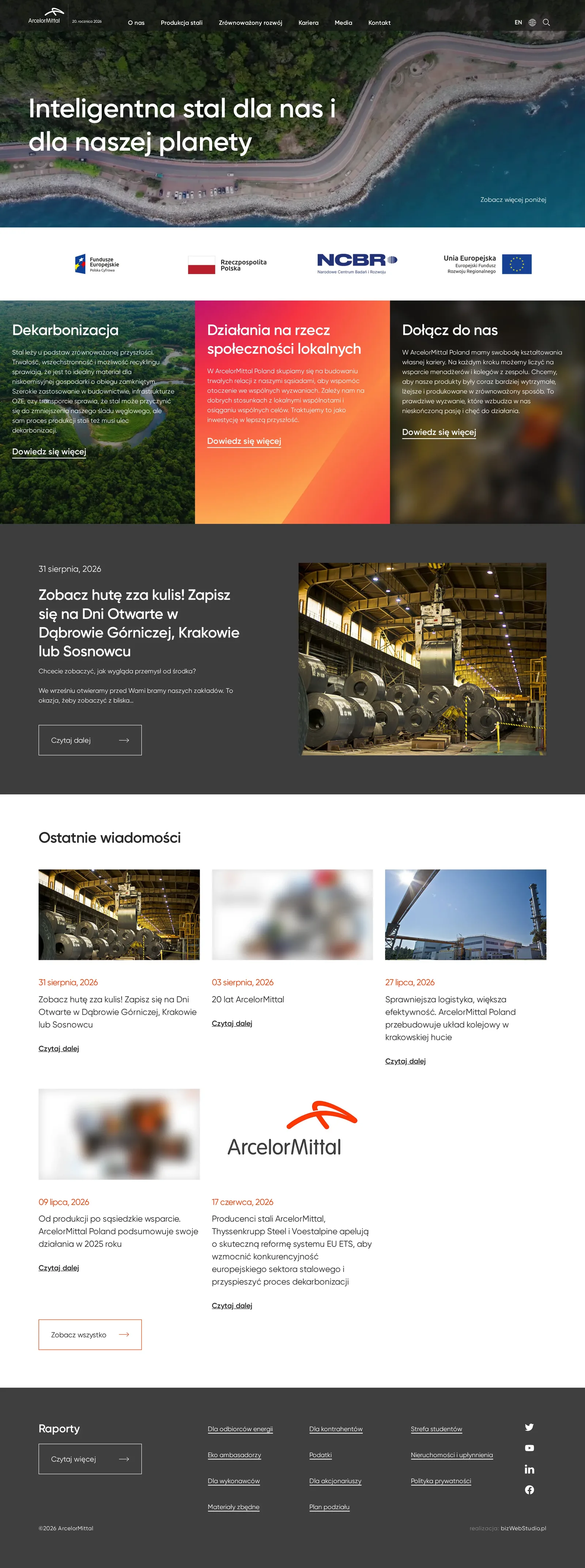 Cała strona główna ArcelorMittal Poland: film w nagłówku, logotypy funduszy europejskich, trzy karty o dekarbonizacji, społecznościach lokalnych i karierze, wyróżniony artykuł, ostatnie wiadomości i stopka z odnośnikami dla kontrahentów, akcjonariuszy i studentów