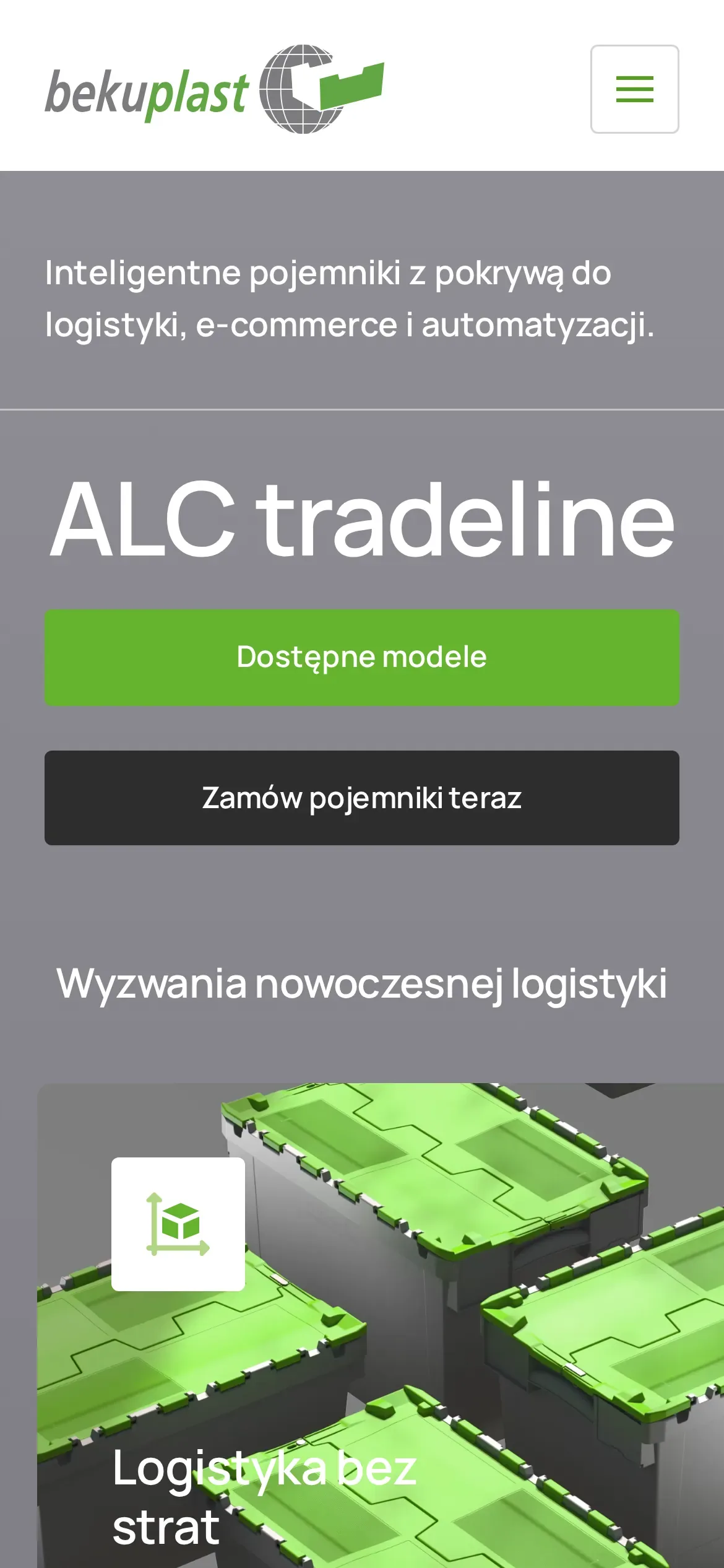 Strona serii ALC tradeline na telefonie: hasło o pojemnikach z pokrywą do logistyki i e-commerce, przyciski „Dostępne modele” i „Zamów pojemniki teraz” oraz karta „Logistyka bez strat”