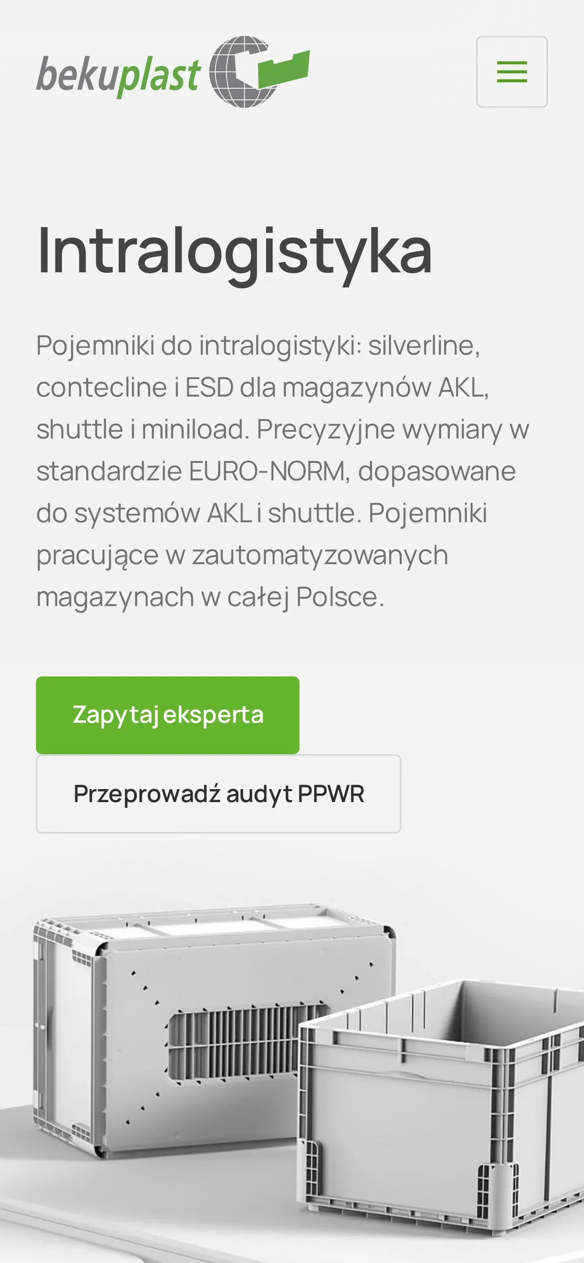 Podstrona branżowa „Intralogistyka” na telefonie: opis pojemników do magazynów automatycznych, przyciski „Zapytaj eksperta” i „Przeprowadź audyt PPWR” oraz zdjęcie pojemników
