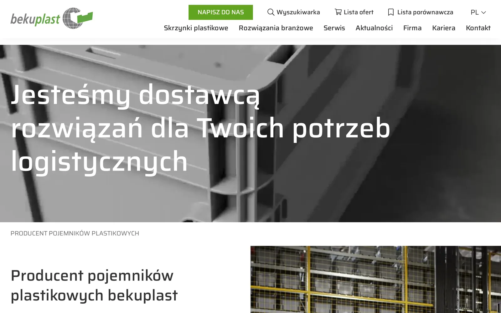 Poprzednia strona bekuplast (archive.org): szare zdjęcie skrzynki z hasłem „Jesteśmy dostawcą rozwiązań dla Twoich potrzeb logistycznych”, zielony przycisk „Napisz do nas” i menu główne pod paskiem z wyszukiwarką i listami