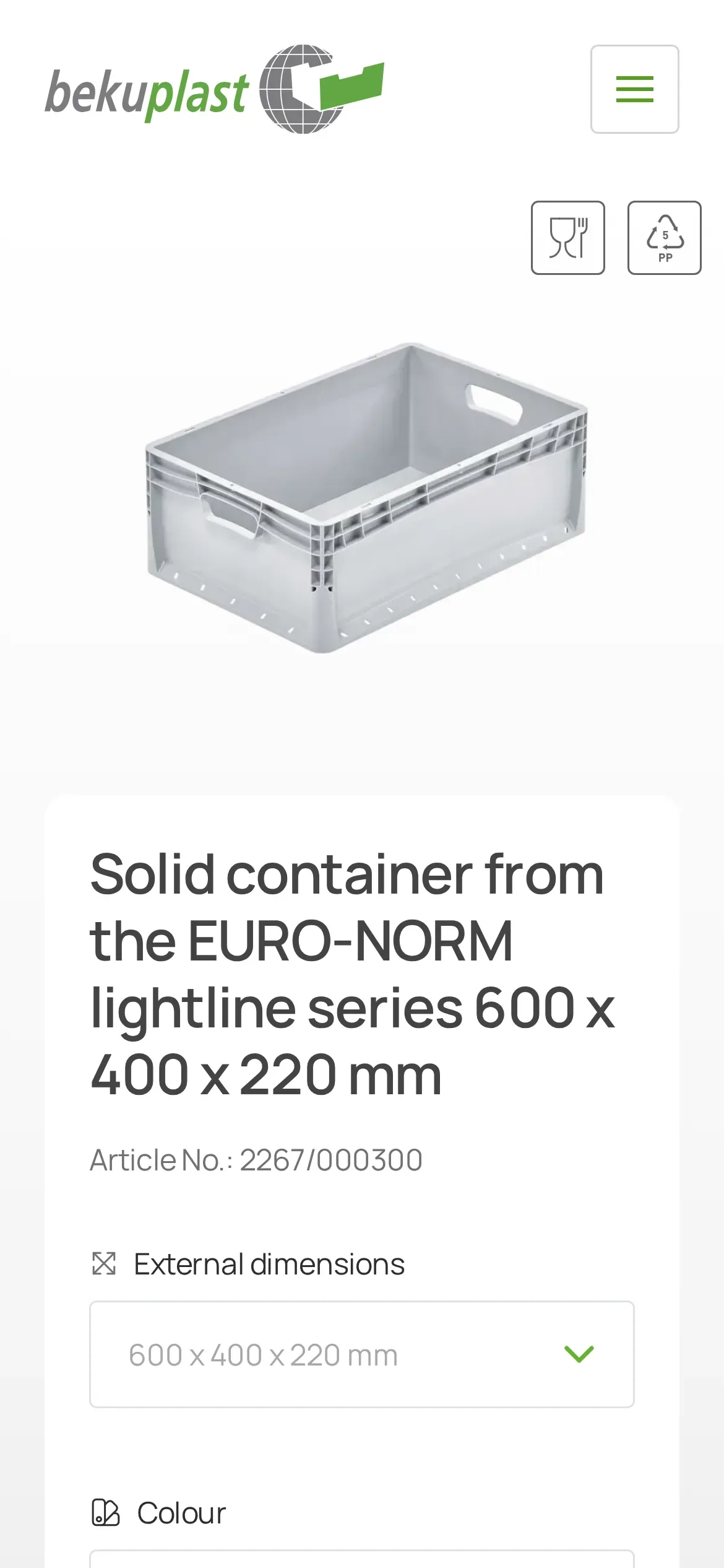 Karta pełnego pojemnika lightline 600 × 400 × 220 mm w wersji angielskiej na telefonie (en.bekuplast.pl): zdjęcie, numer artykułu i wybór wymiarów