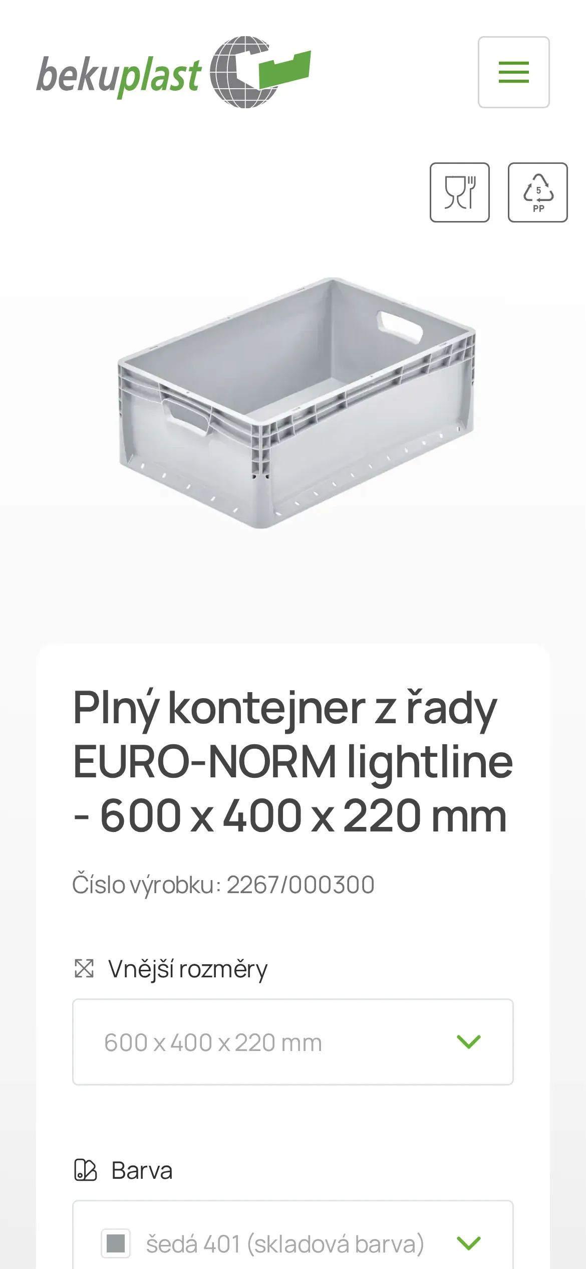 Ta sama karta pojemnika w wersji czeskiej na domenie bekuplast.cz: „Plný kontejner z řady EURO-NORM lightline”, wymiary i kolor