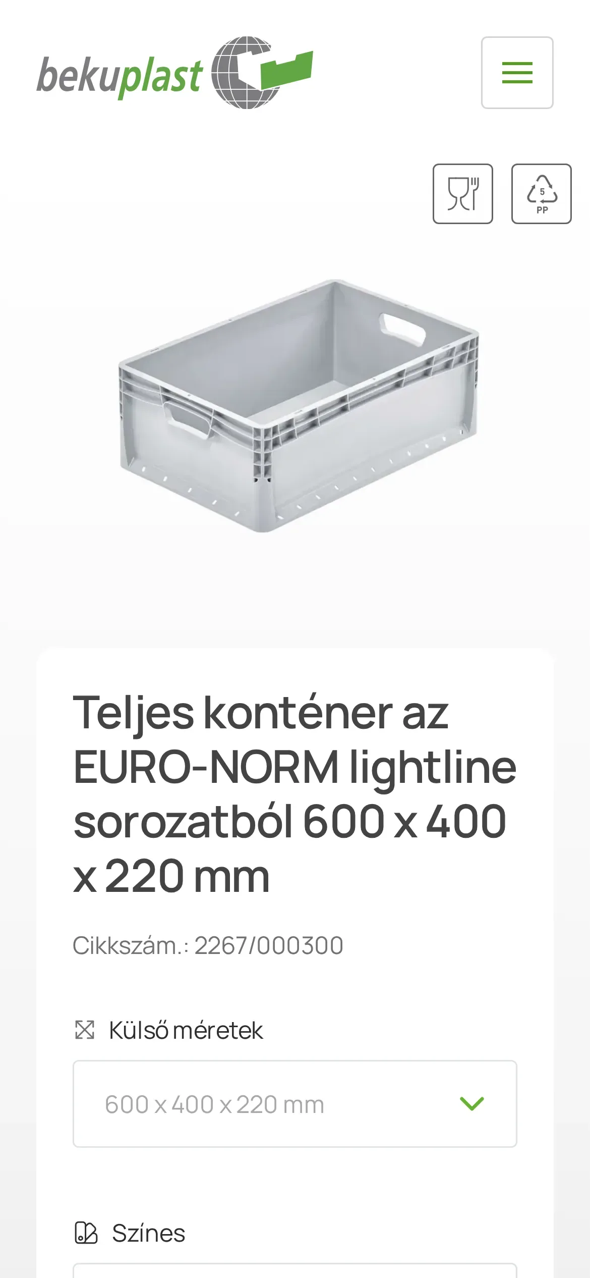 Ta sama karta w wersji węgierskiej na domenie bekuplast.hu: „Teljes konténer az EURO-NORM lightline sorozatból”, numer artykułu i wymiary