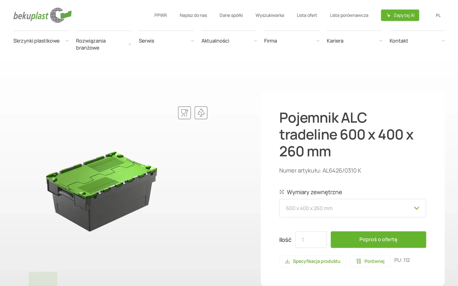 Karta pojemnika ALC tradeline 600 × 400 × 260 mm na komputerze: zdjęcie produktu, numer artykułu, wybór wymiarów, pole ilości, przycisk „Poproś o ofertę” oraz „Specyfikacja produktu” i „Porównaj”