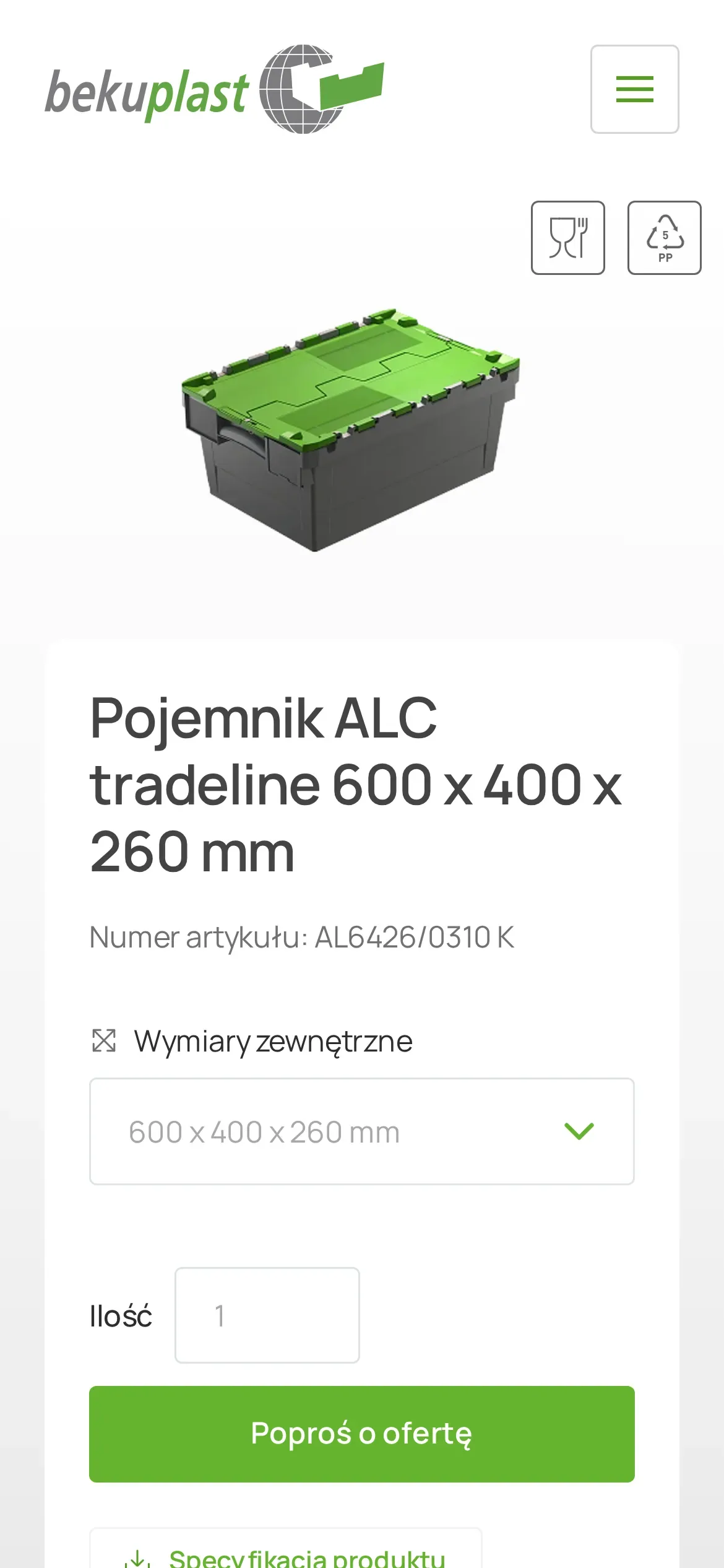 Ta sama karta na telefonie: zdjęcie pojemnika, numer artykułu, lista wymiarów, pole ilości i przycisk „Poproś o ofertę”