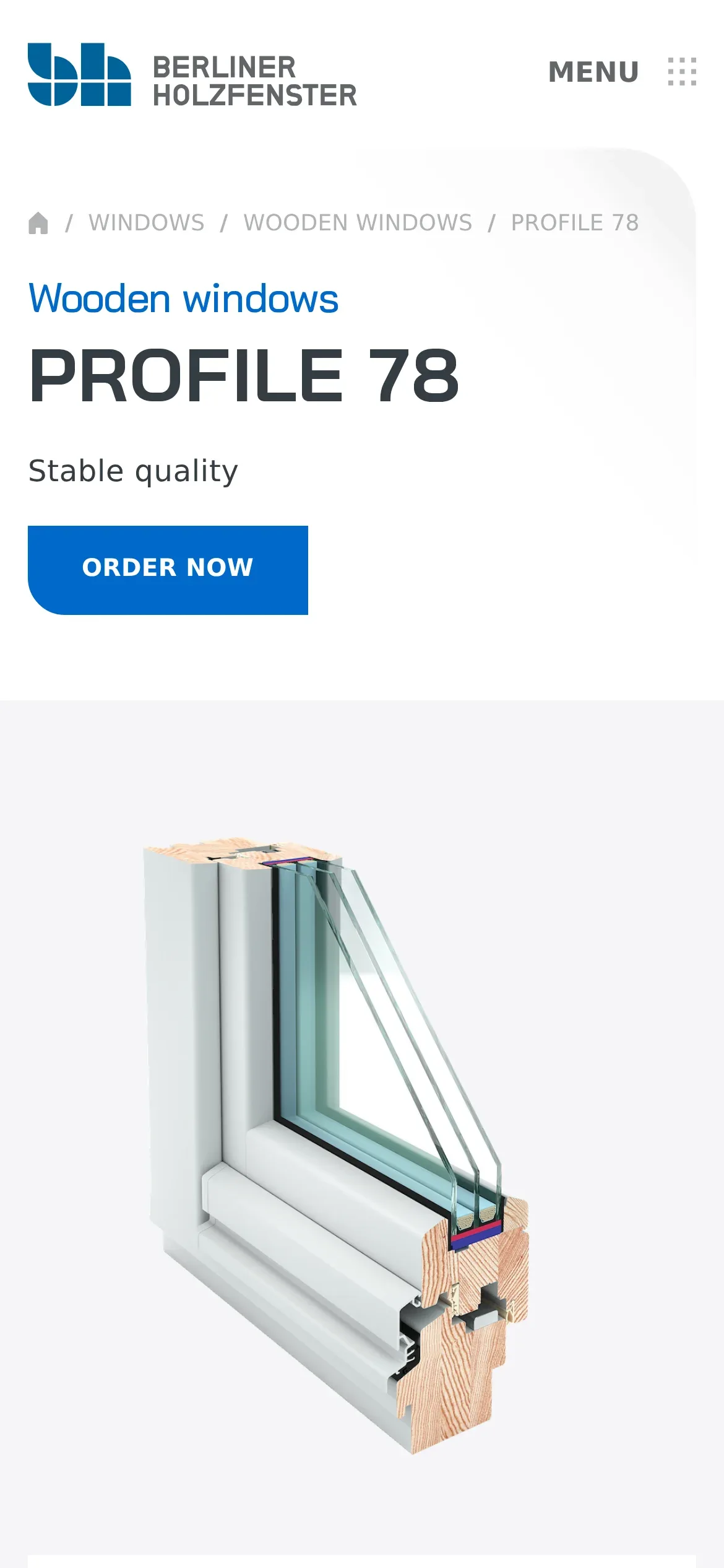 Karta Profile 78 w wersji angielskiej na telefonie: „Wooden windows”, „Stable quality” i przycisk „Order now”