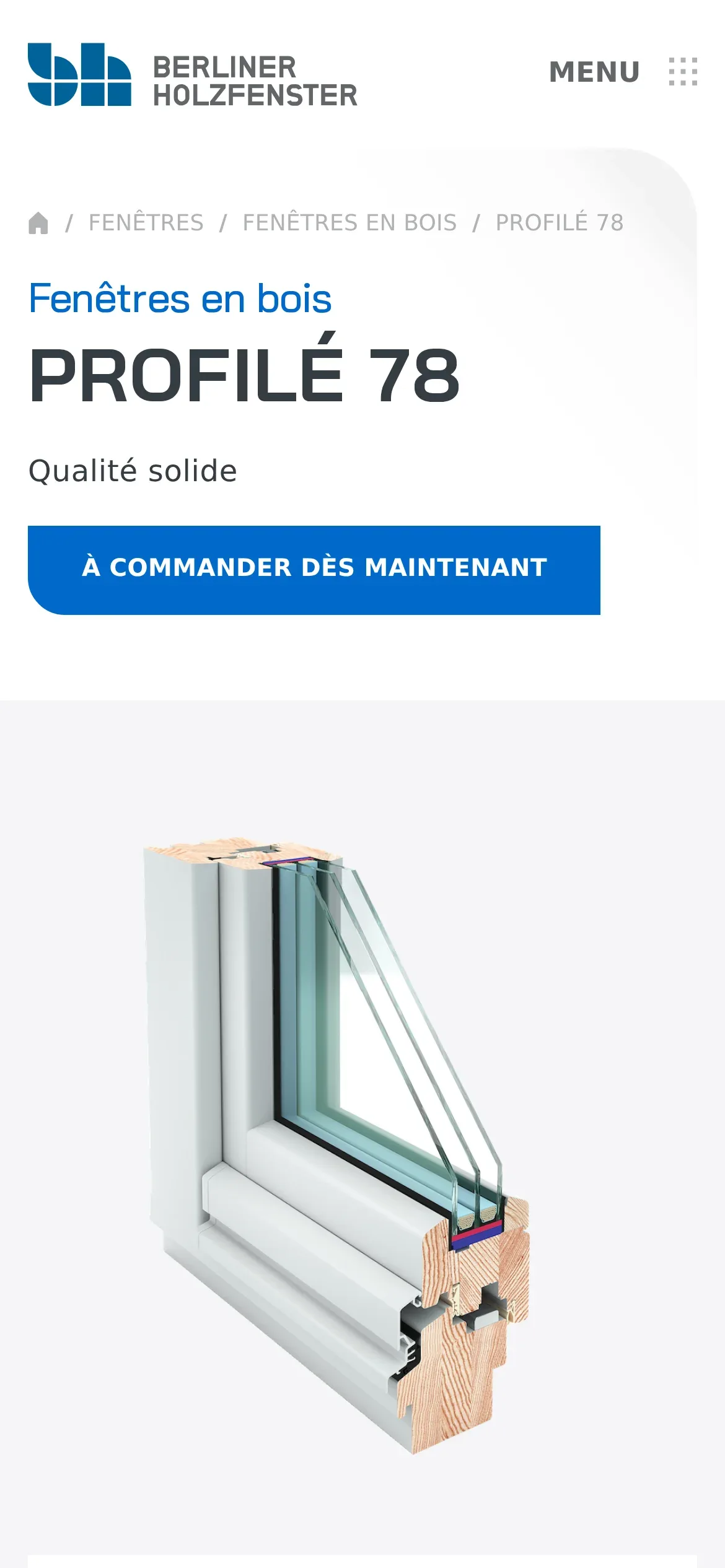 Karta Profilé 78 w wersji francuskiej na telefonie: „Fenêtres en bois”, „Qualité solide” i przycisk „À commander dès maintenant”
