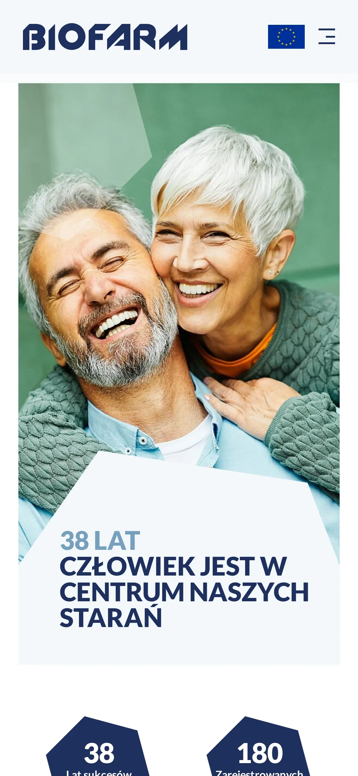 Strona główna Biofarm na telefonie: logo, przycisk menu, zdjęcie w sliderze z hasłem „38 lat — człowiek jest w centrum naszych starań” i pierwsze liczby w heksagonach