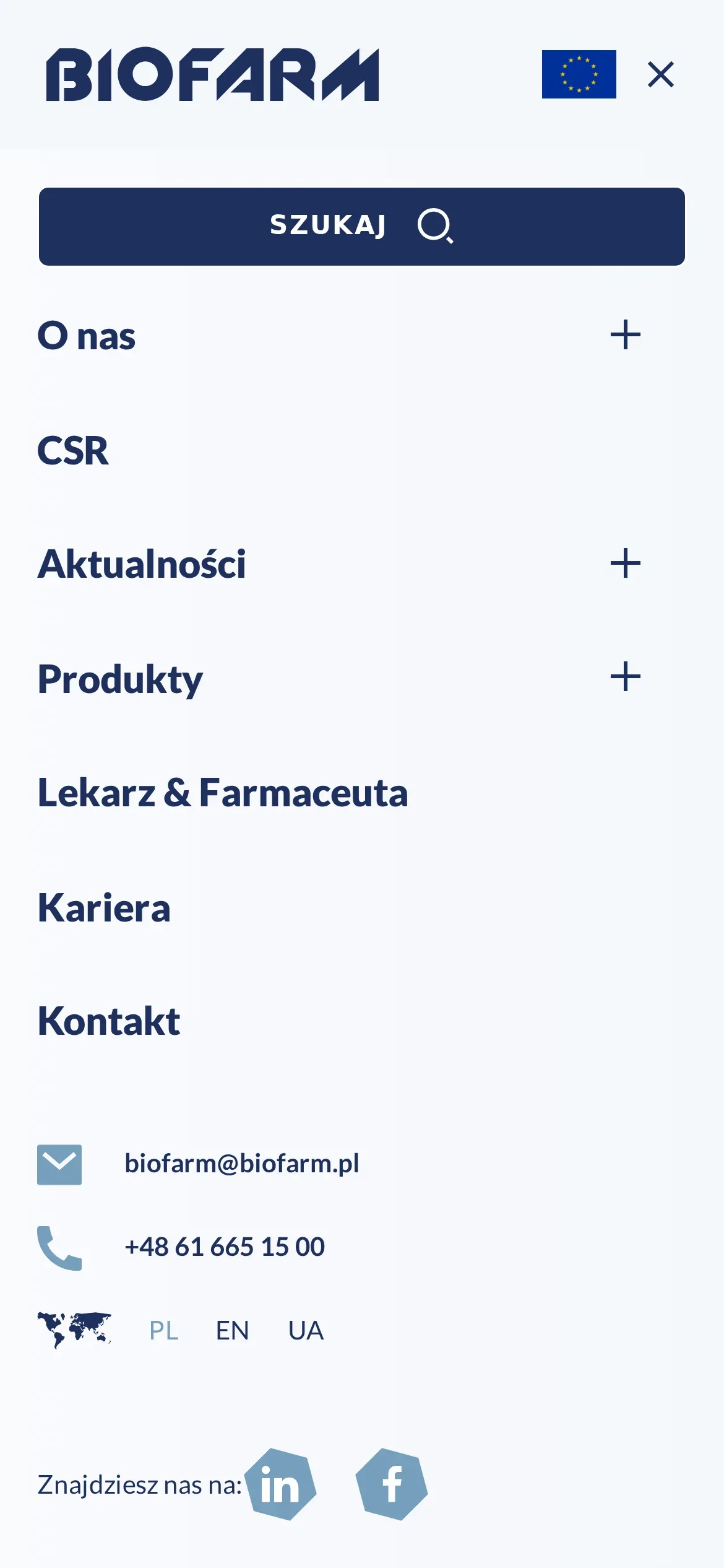 Otwarte menu Biofarm na telefonie: przycisk „Szukaj”, pozycje od „O nas” do „Kontakt” z rozwijanymi podmenu, adres e-mail, telefon i przełącznik języków PL, EN, UA