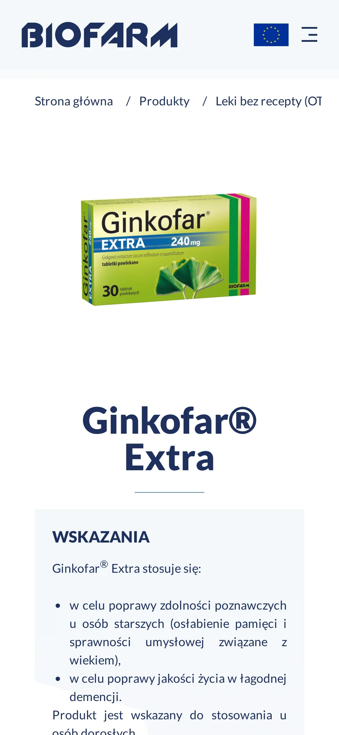 Karta leku Ginkofar Extra na telefonie: ścieżka nawigacji, zdjęcie opakowania, nazwa leku i początek sekcji „Wskazania”