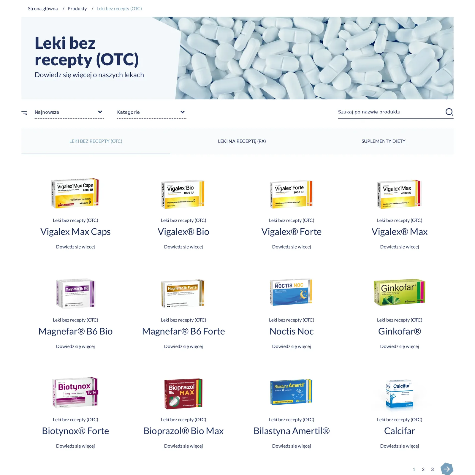 Lista leków bez recepty na komputerze: nagłówek z grafiką tabletek, sortowanie „Najnowsze”, filtr „Kategorie”, wyszukiwanie po nazwie, zakładki OTC, RX i suplementy oraz siatka dwunastu opakowań ze stronicowaniem