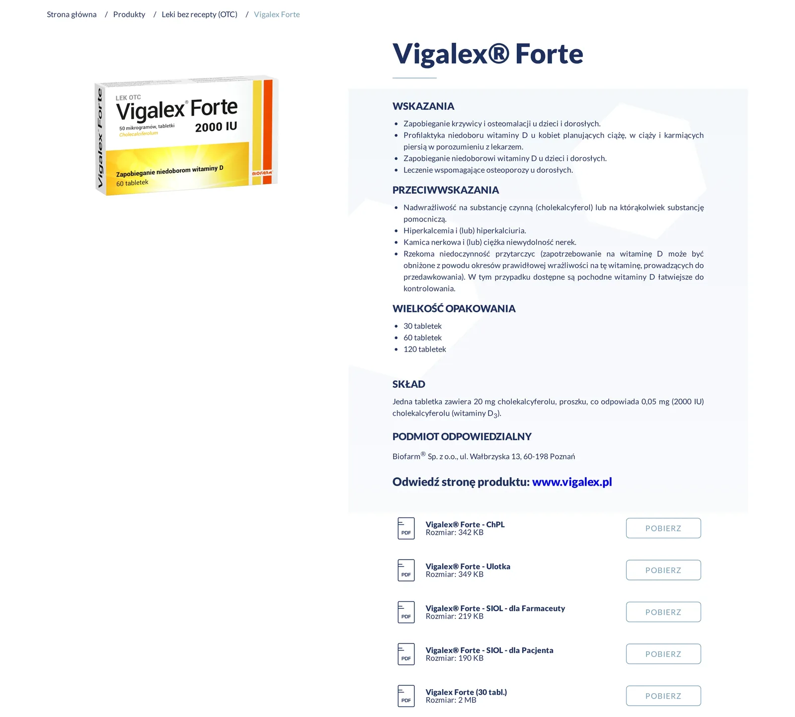 Karta leku Vigalex Forte: zdjęcie opakowania, wskazania, przeciwwskazania, wielkość opakowania, skład, podmiot odpowiedzialny, odnośnik do strony produktu i lista plików PDF z przyciskami „Pobierz”