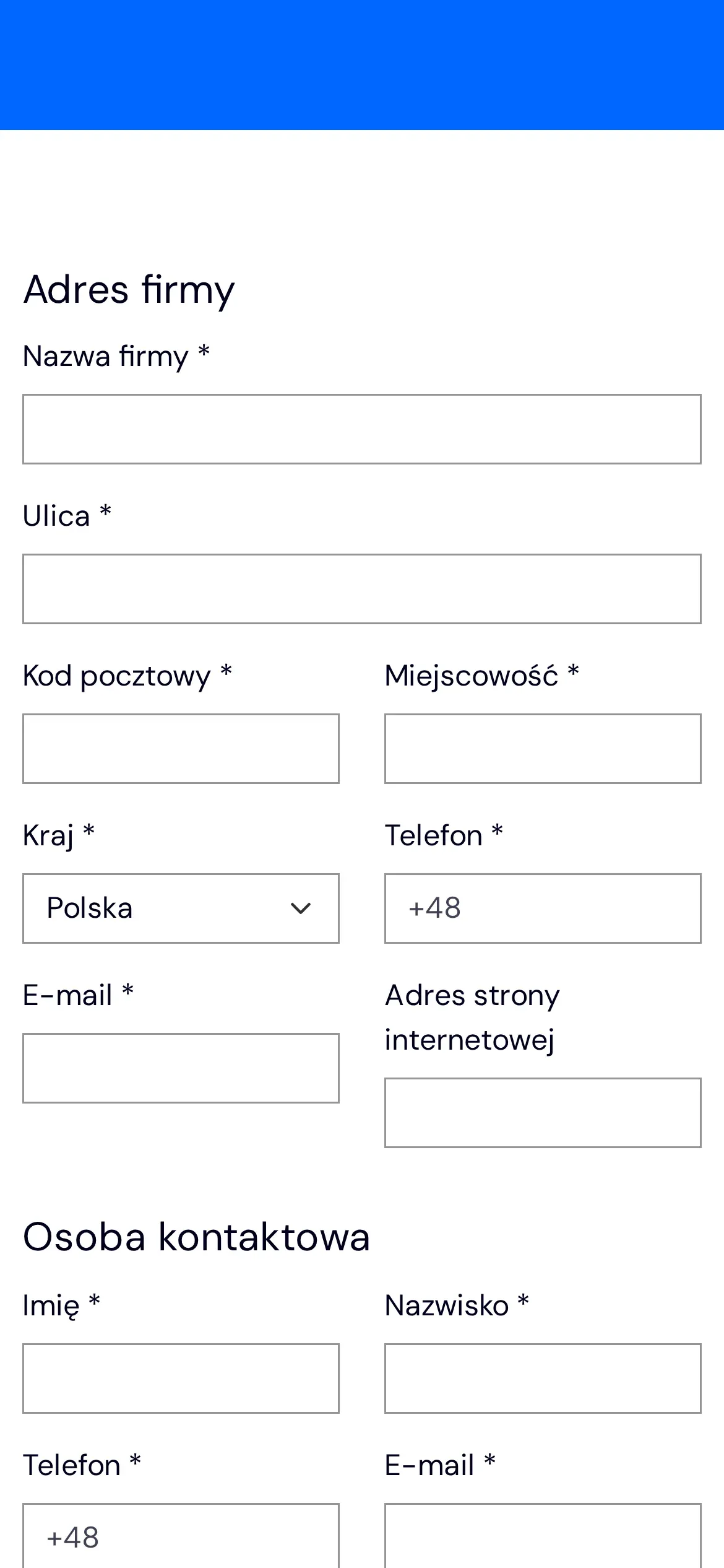 Formularz podwykonawcy na telefonie: pola adresu firmy — nazwa, ulica, kod, miejscowość, kraj, telefon, e-mail i strona internetowa — oraz pola osoby kontaktowej