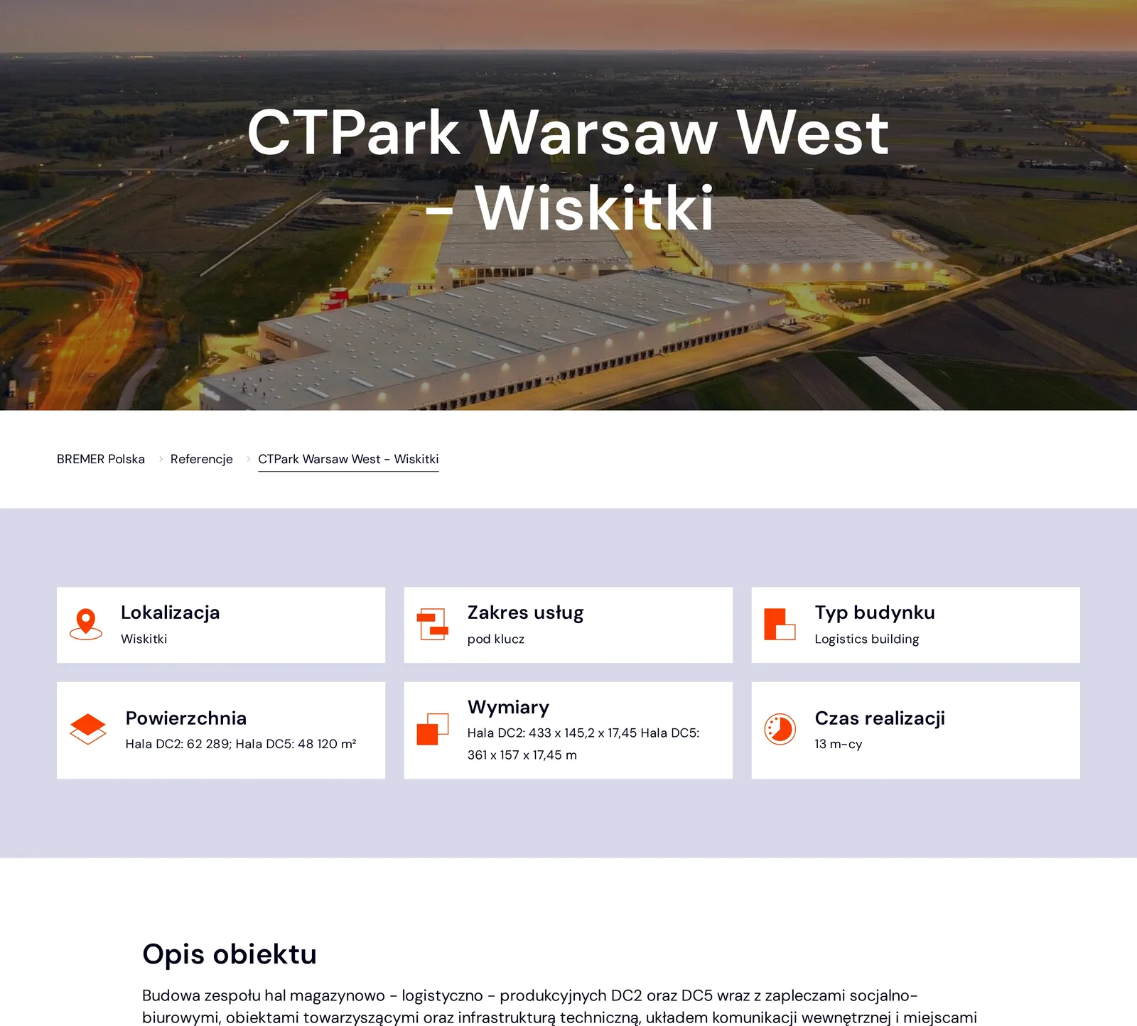 Strona referencji CTPark Warsaw West – Wiskitki: zdjęcie hal z lotu ptaka i metryczka w kafelkach — lokalizacja, zakres usług, typ budynku, powierzchnia, wymiary i czas realizacji — nad opisem obiektu