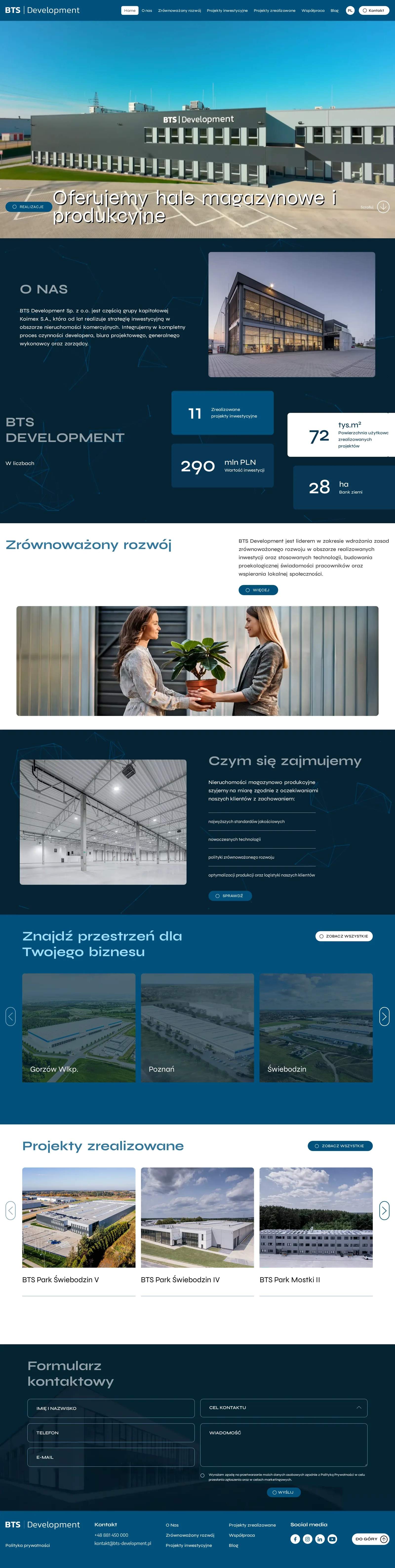 Cała strona główna BTS Development: film z hasłem, sekcja „O nas” z liczbami, zrównoważony rozwój, „Czym się zajmujemy”, kafelki miast „Znajdź przestrzeń dla Twojego biznesu”, pasek projektów zrealizowanych, formularz kontaktowy i stopka