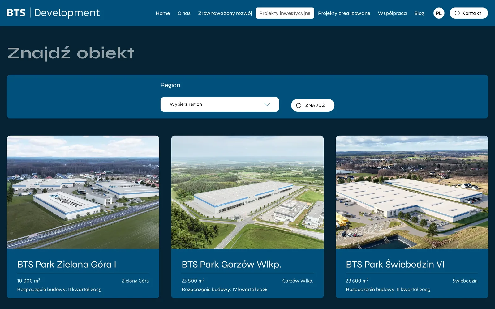 Dział „Projekty inwestycyjne”: nagłówek „Znajdź obiekt”, filtr regionu z przyciskiem „Znajdź” i karty BTS Park Zielona Góra I, Gorzów Wlkp. i Świebodzin VI z powierzchnią, miastem i terminem rozpoczęcia budowy