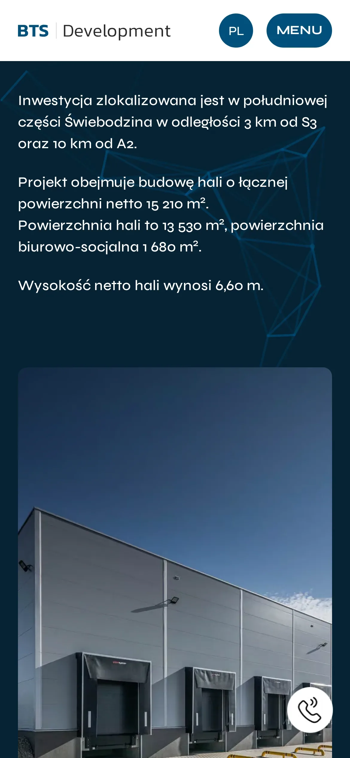 Ta sama karta na telefonie: opis inwestycji z powierzchnią hali i części biurowo-socjalnej, wysokość netto i zdjęcie doków załadunkowych