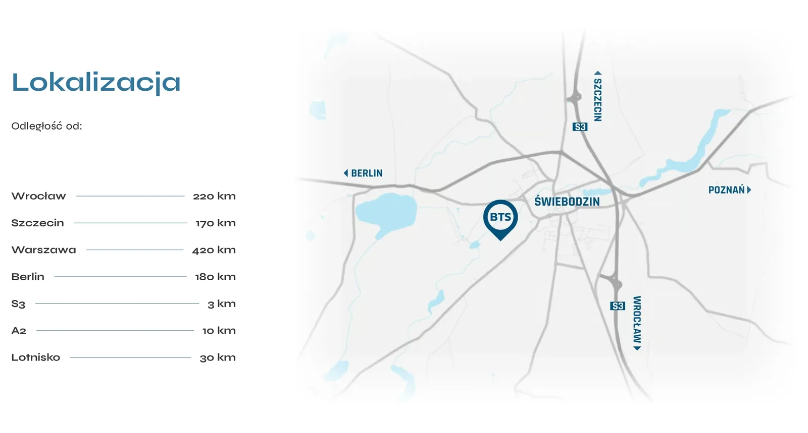 Sekcja „Lokalizacja” karty BTS Park Świebodzin V: odległości do Wrocławia, Szczecina, Warszawy, Berlina, S3, A2 i lotniska oraz mapa z pinezką BTS przy Świebodzinie