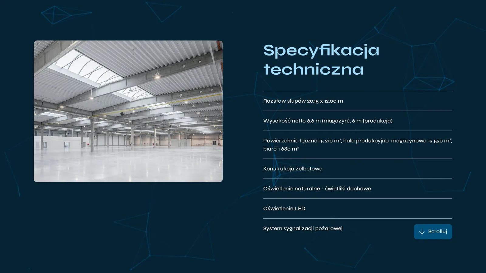 Sekcja „Specyfikacja techniczna”: zdjęcie wnętrza hali i lista parametrów od rozstawu słupów i wysokości netto po oświetlenie LED i sygnalizację pożarową, z przyciskiem przewijania listy
