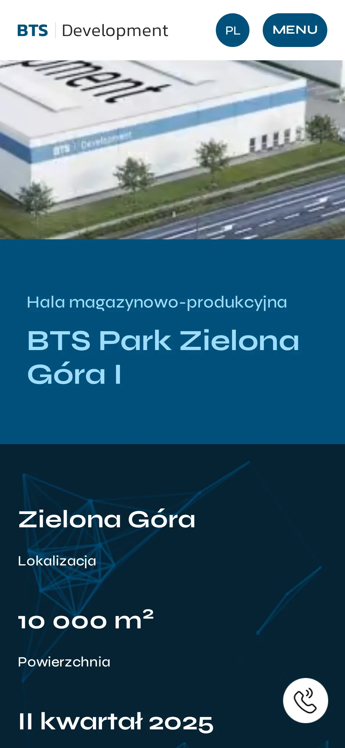 Karta BTS Park Zielona Góra I w polskiej wersji na telefonie: „Hala magazynowo-produkcyjna”, lokalizacja, powierzchnia 10 000 m² i rozpoczęcie budowy w II kwartale 2025