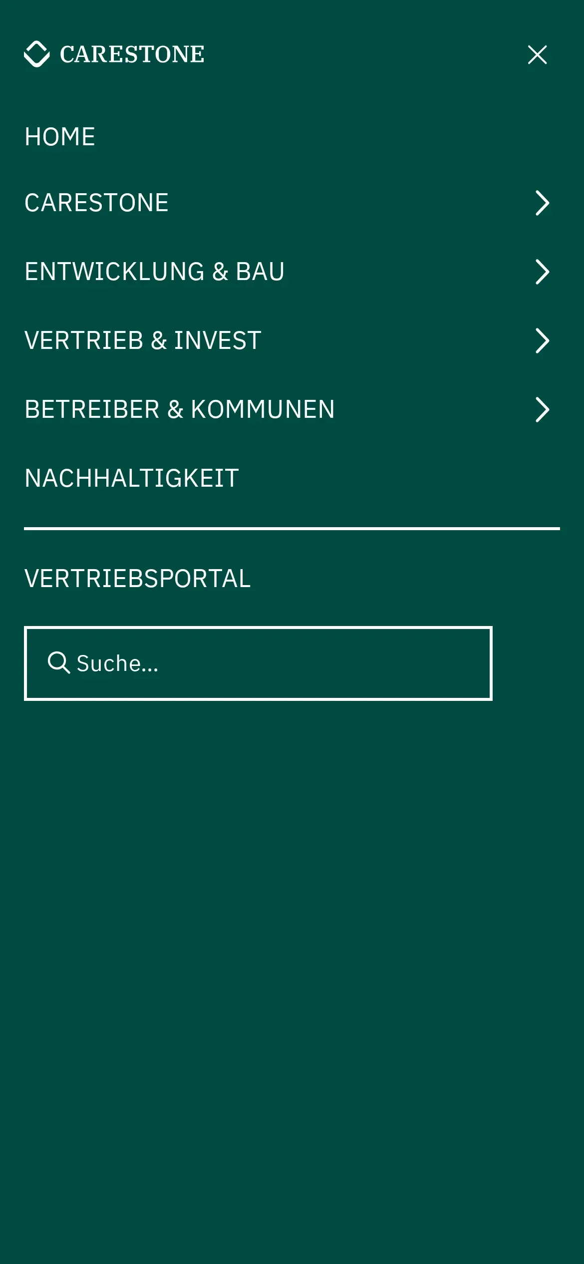 Otwarte menu Carestone na telefonie: Home, Carestone, Entwicklung & Bau, Vertrieb & Invest, Betreiber & Kommunen, Nachhaltigkeit, Vertriebsportal i pole wyszukiwania