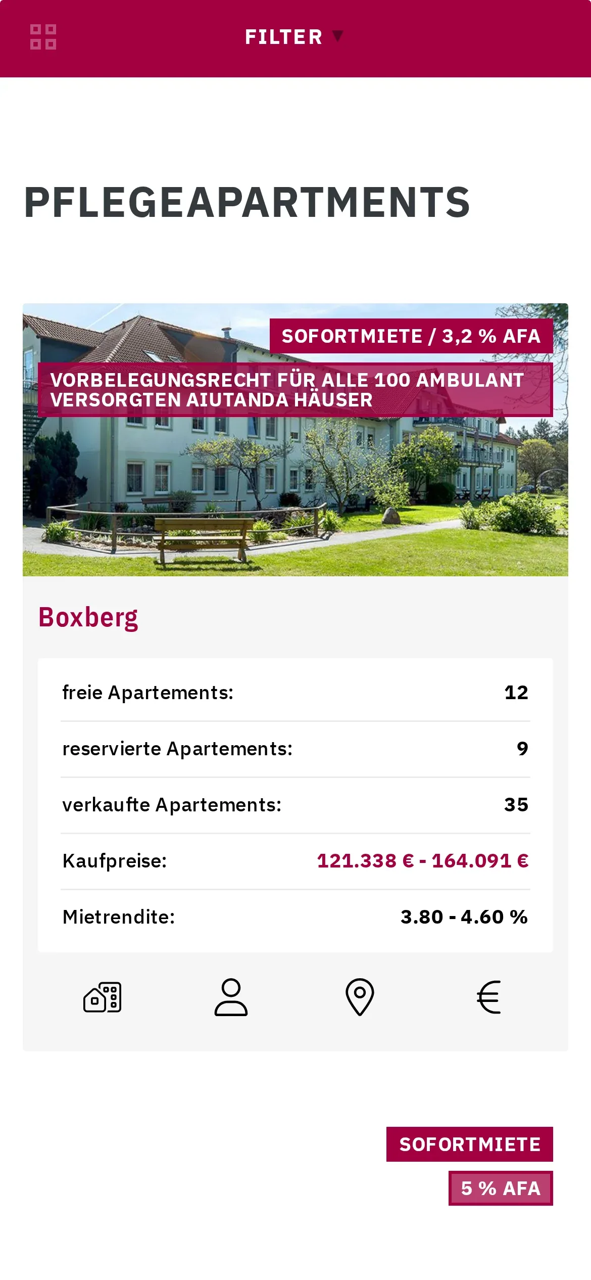 Ten sam listing immoframe na telefonie: filtr na górze i karta obiektu Boxberg z liczbą wolnych, zarezerwowanych i sprzedanych apartamentów