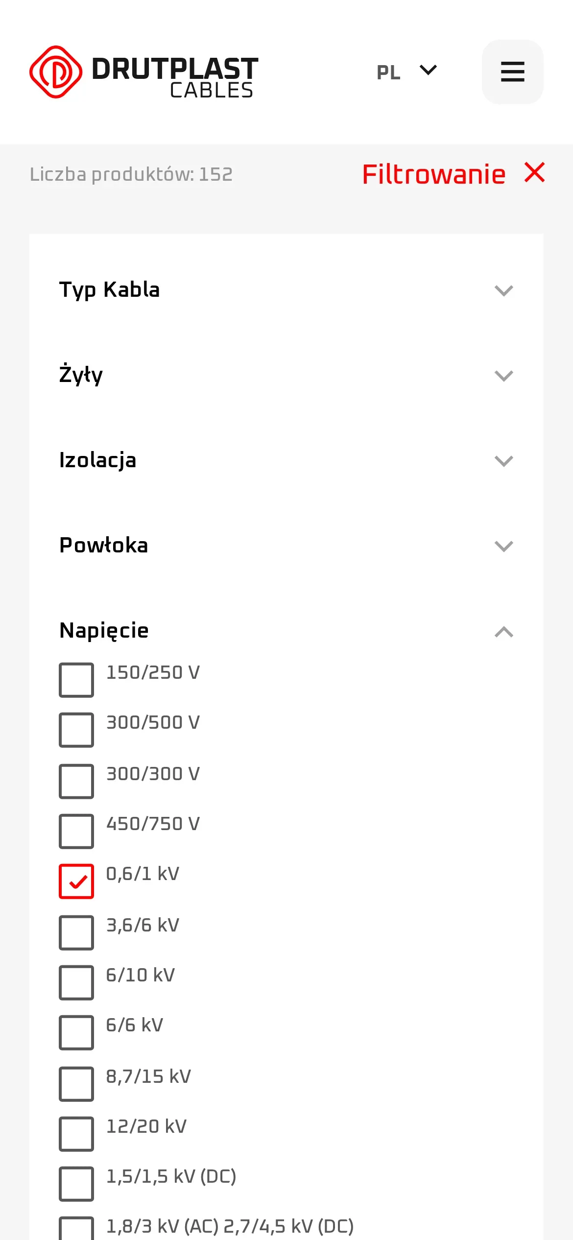 Filtry listy produktów na telefonie po wybraniu napięcia 0,6/1 kV: licznik „Liczba produktów: 152”, zwinięte filtry typu kabla, żył, izolacji i powłoki oraz rozwinięta lista napięć z zaznaczonym 0,6/1 kV