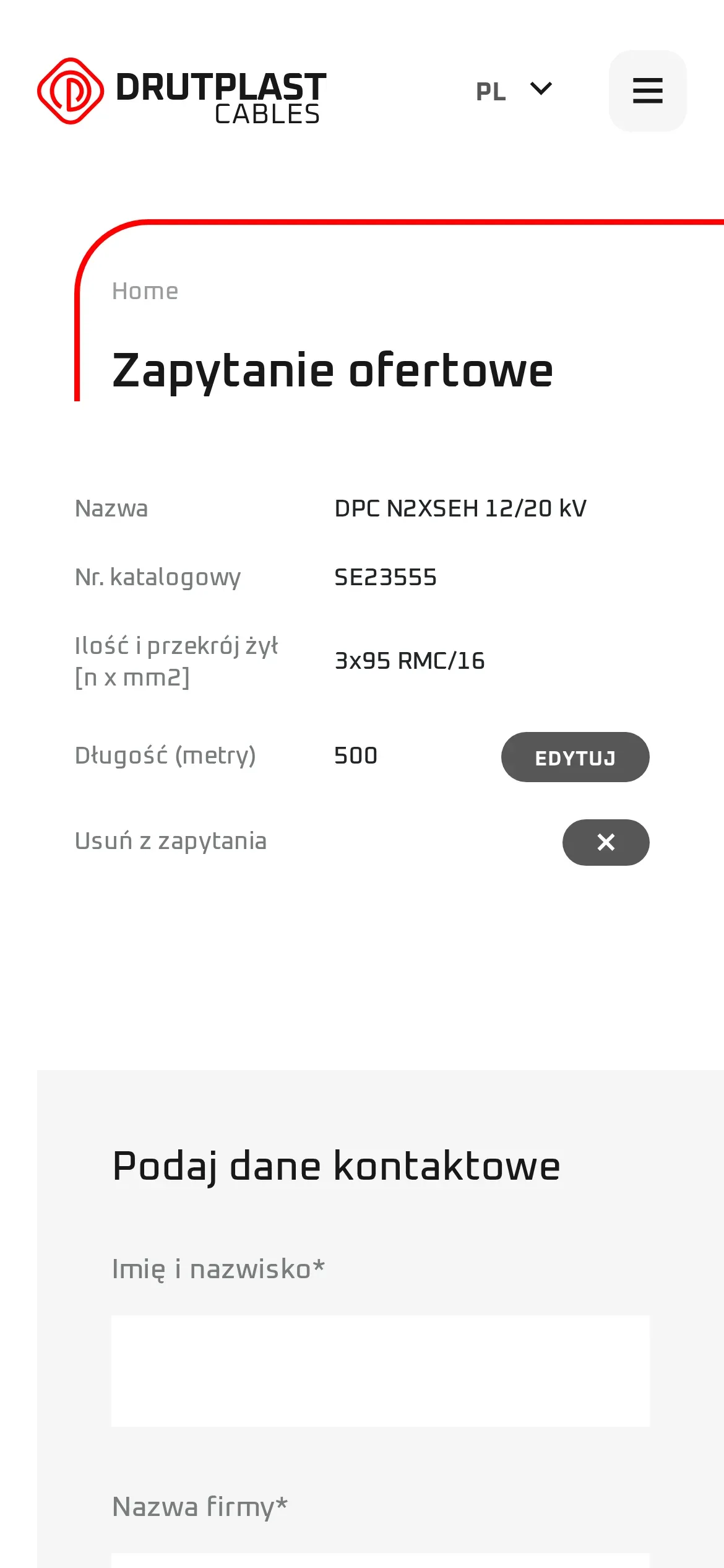 Zapytanie ofertowe na telefonie: pozycja DPC N2XSEH 12/20 kV z numerem katalogowym, przekrojem 3x95 RMC/16 i długością 500 m, przyciski edycji i usunięcia oraz początek formularza danych kontaktowych