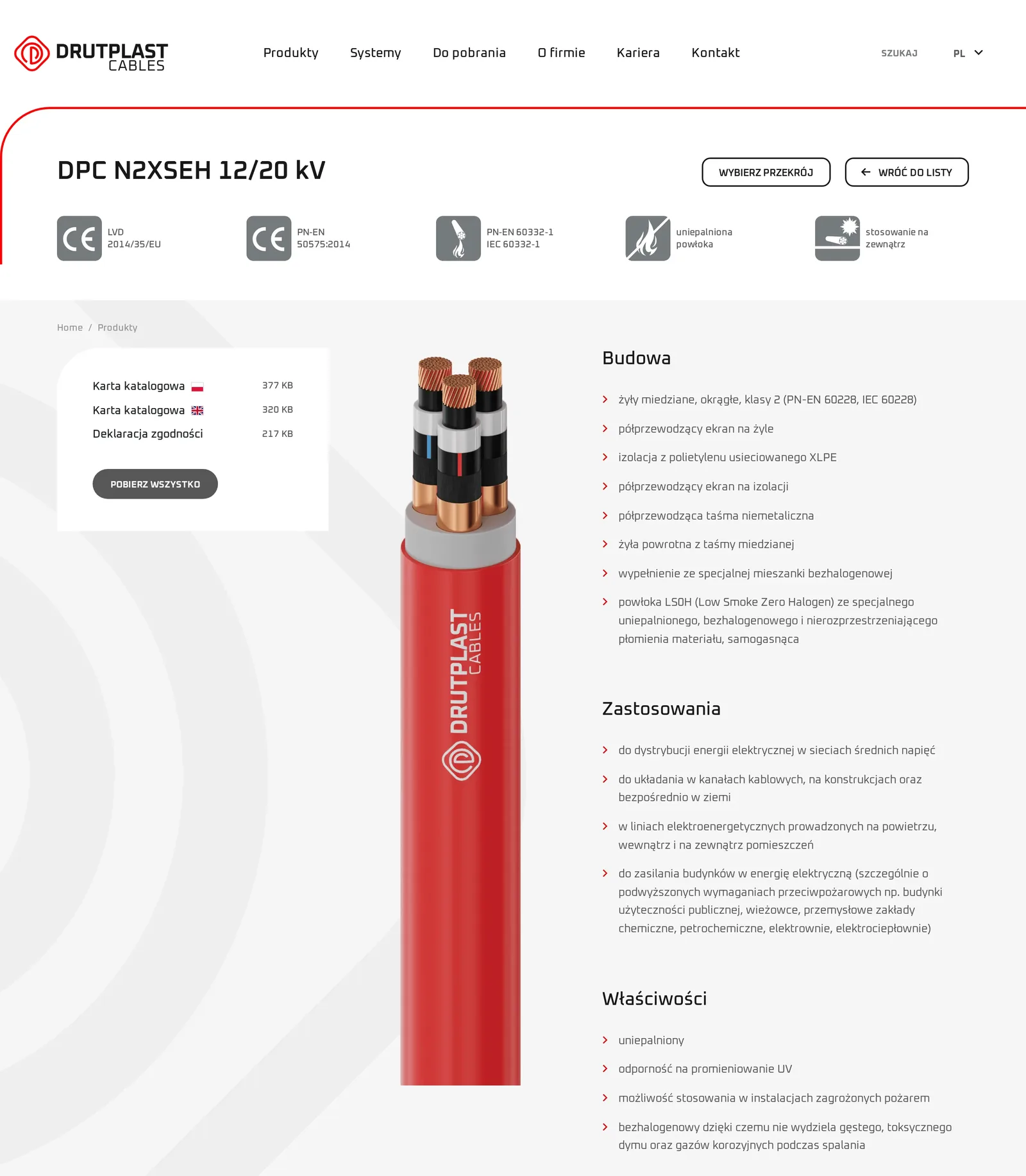 Karta kabla DPC N2XSEH 12/20 kV na komputerze: oznaczenia CE i norm, pliki do pobrania (karty katalogowe PL i EN, deklaracja zgodności), zdjęcie kabla w przekroju oraz budowa, zastosowania i właściwości