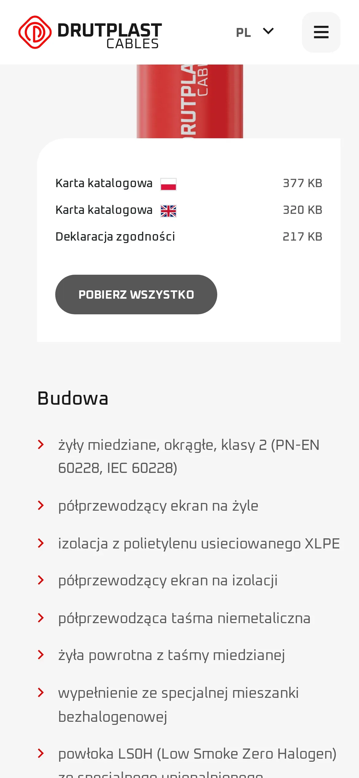 Ta sama karta na telefonie: pliki do pobrania (karty katalogowe PL i EN, deklaracja zgodności) z przyciskiem „Pobierz wszystko” i początek listy „Budowa” z opisem kolejnych warstw kabla