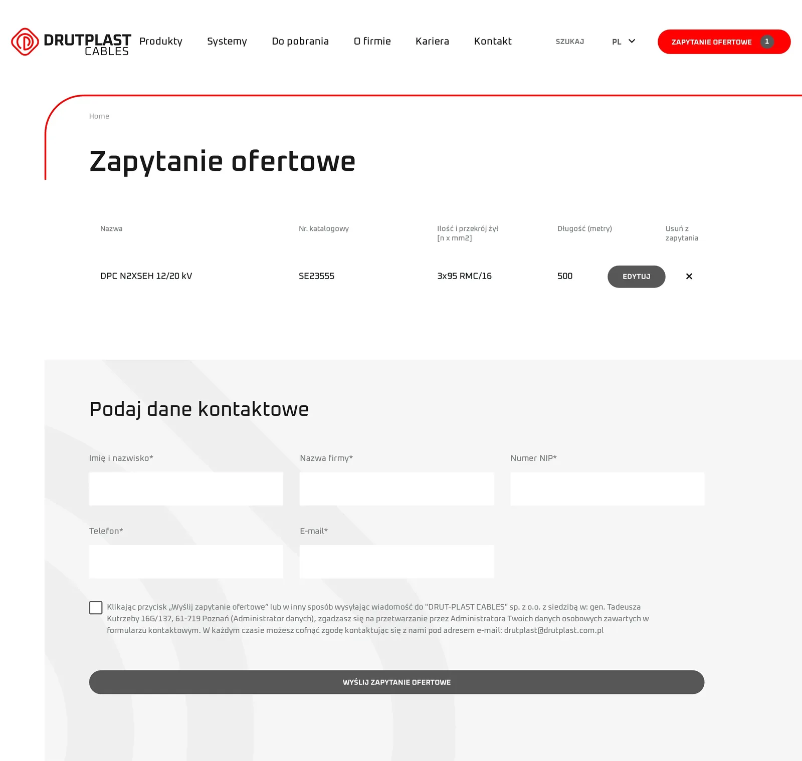 Strona „Zapytanie ofertowe” na komputerze: pozycja z nazwą kabla, numerem katalogowym SE23555, przekrojem i długością 500 m, formularz danych firmy (imię i nazwisko, nazwa firmy, NIP, telefon, e-mail) i przycisk „Wyślij zapytanie ofertowe”; w nagłówku przycisk zapytania z licznikiem 1
