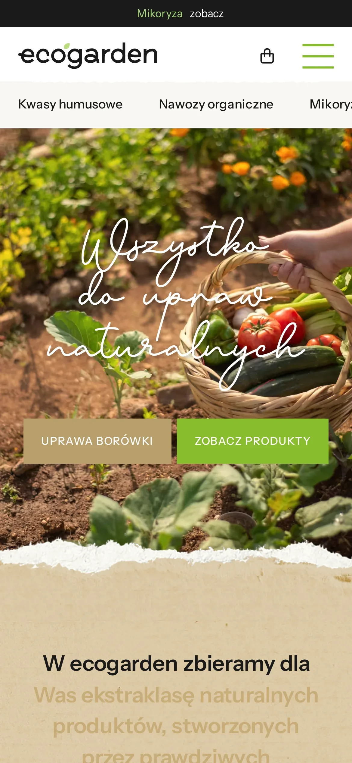 Strona główna Ecogarden na telefonie: logo, koszyk i przycisk menu, przewijany pasek kategorii i hasło „Wszystko do upraw naturalnych” z dwoma przyciskami